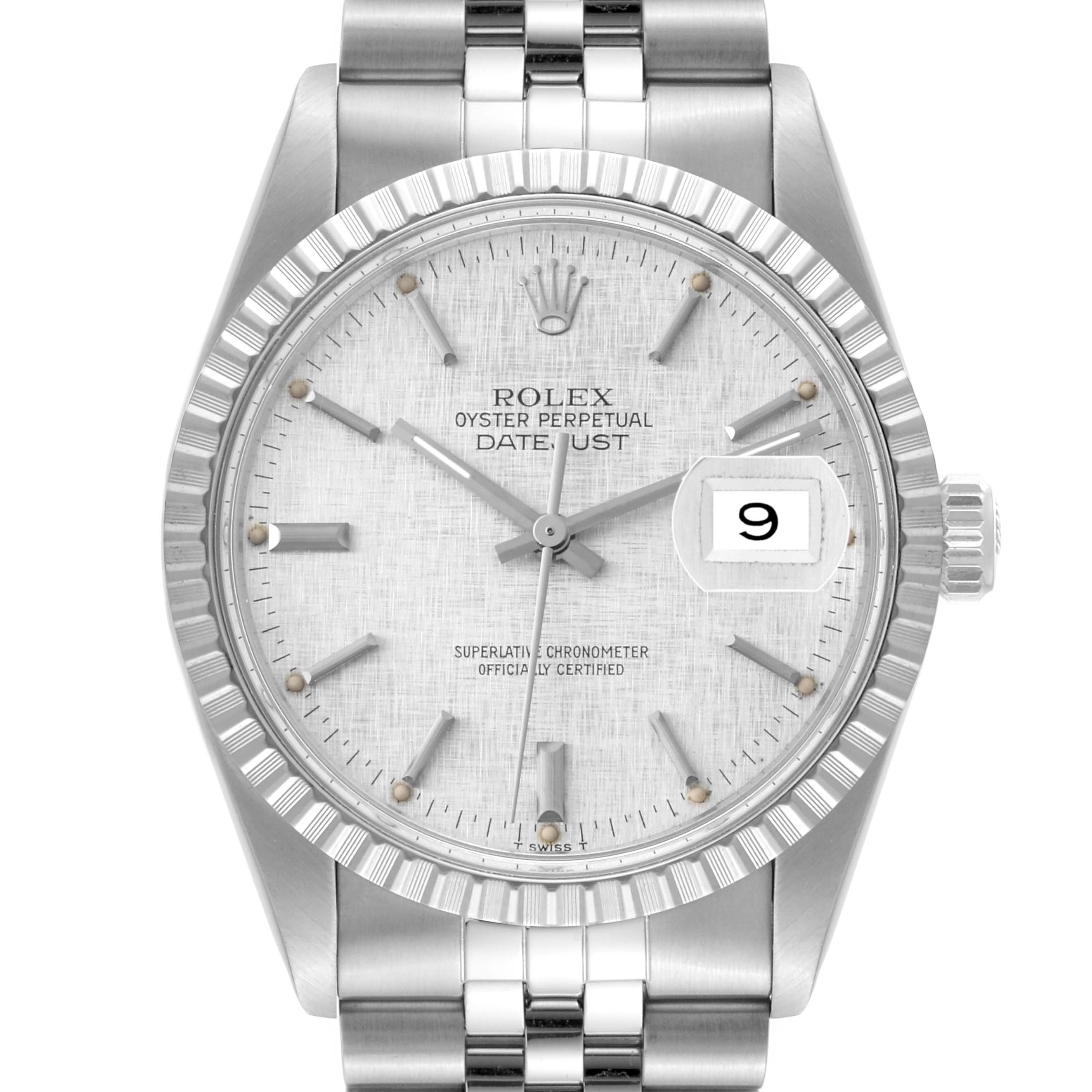 The image shows the front view of the Rolex Vintage Collection 16030 Men's Stainless Steel Silver Dial 16030 Men's Stainless Steel Silver Dial model with a fluted bezel and Jubilee bracelet.
