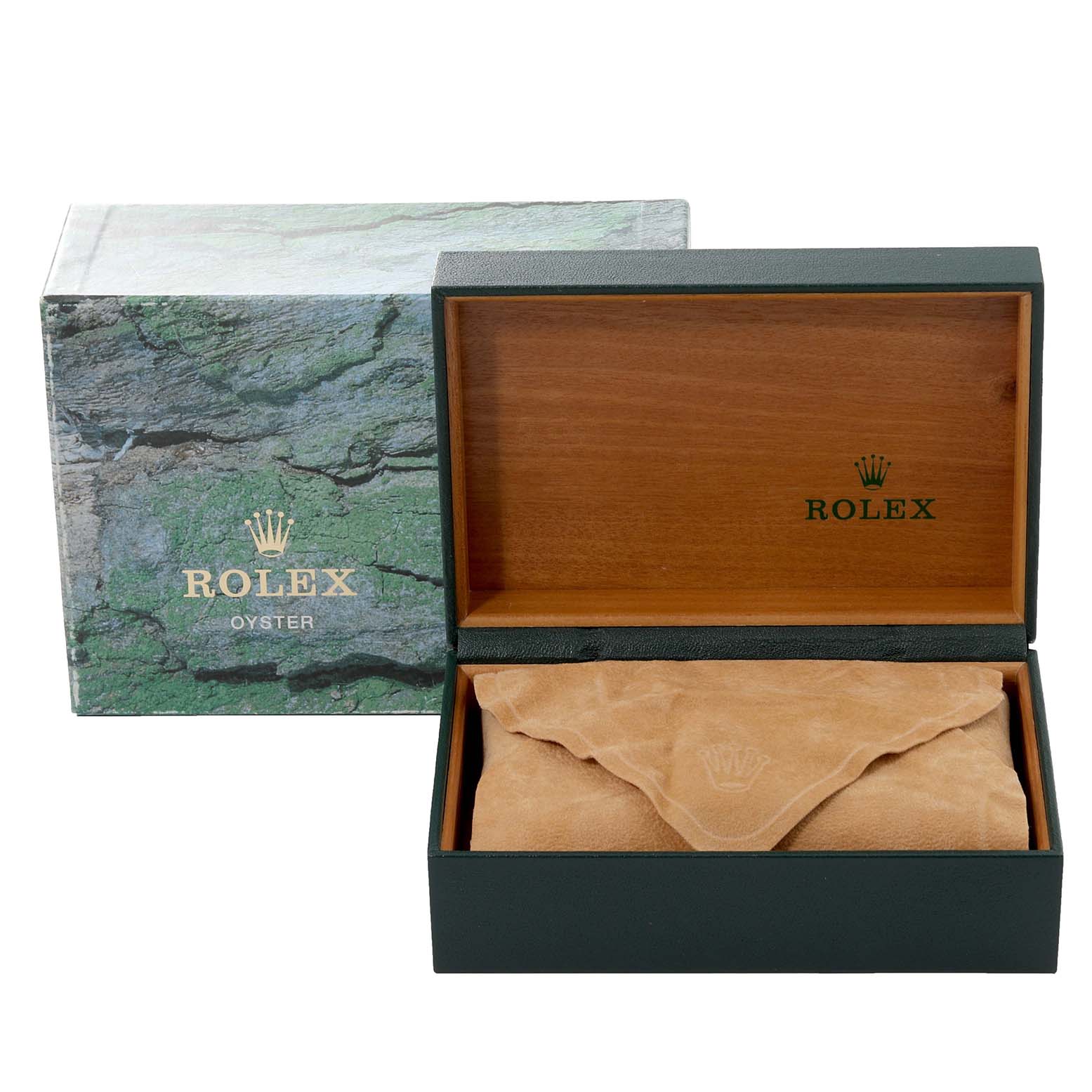 This image shows the open box and suede pouch for the Rolex Vintage Collection 16030 Men's Stainless Steel Silver Dial 16030 Men's Stainless Steel Silver Dial watch.