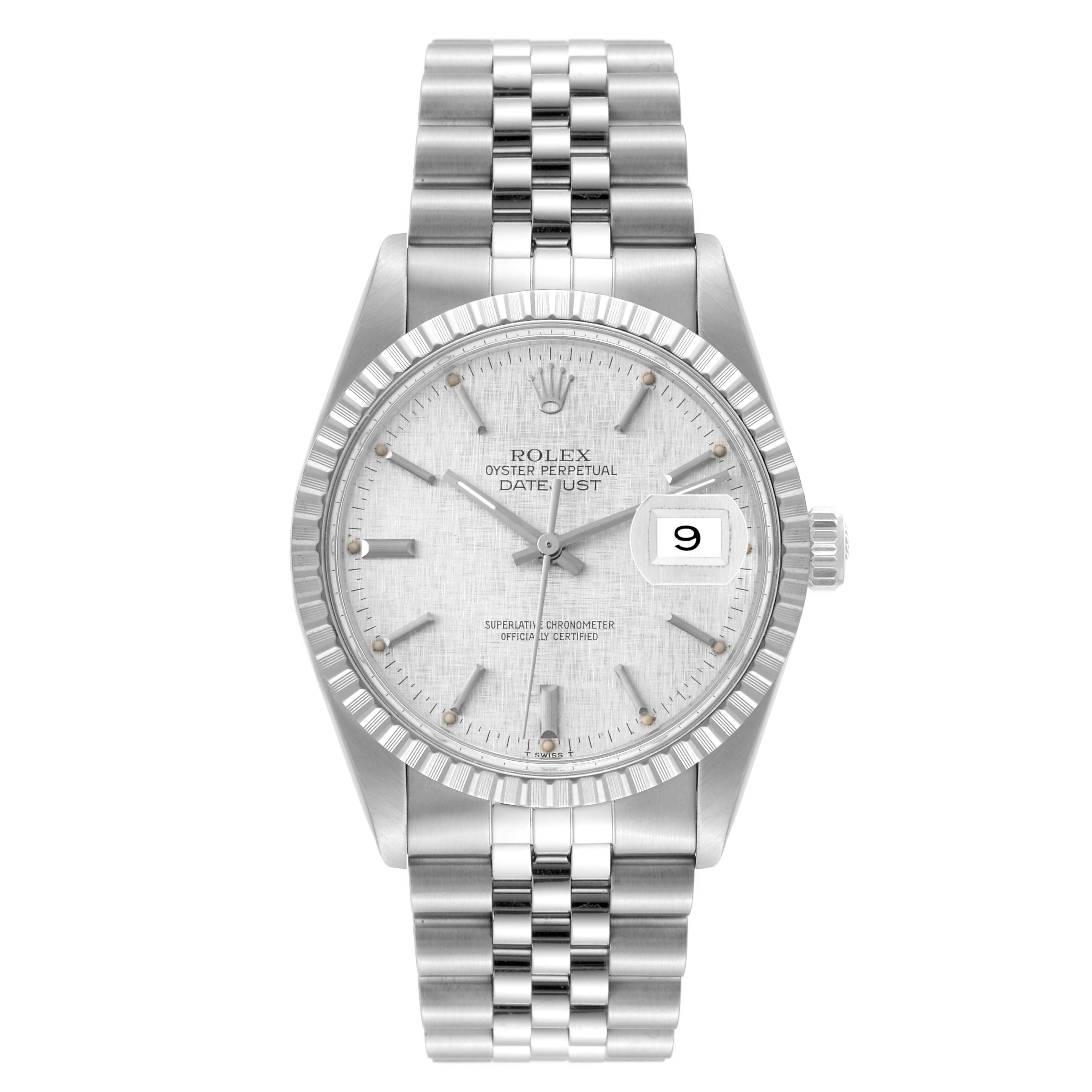 The Rolex Vintage Collection 16030 Men's Stainless Steel Silver Dial 16030 Men's Stainless Steel Silver Dial Datejust watch is shown from a front angle, displaying its dial, bezel, crown, and bracelet.
