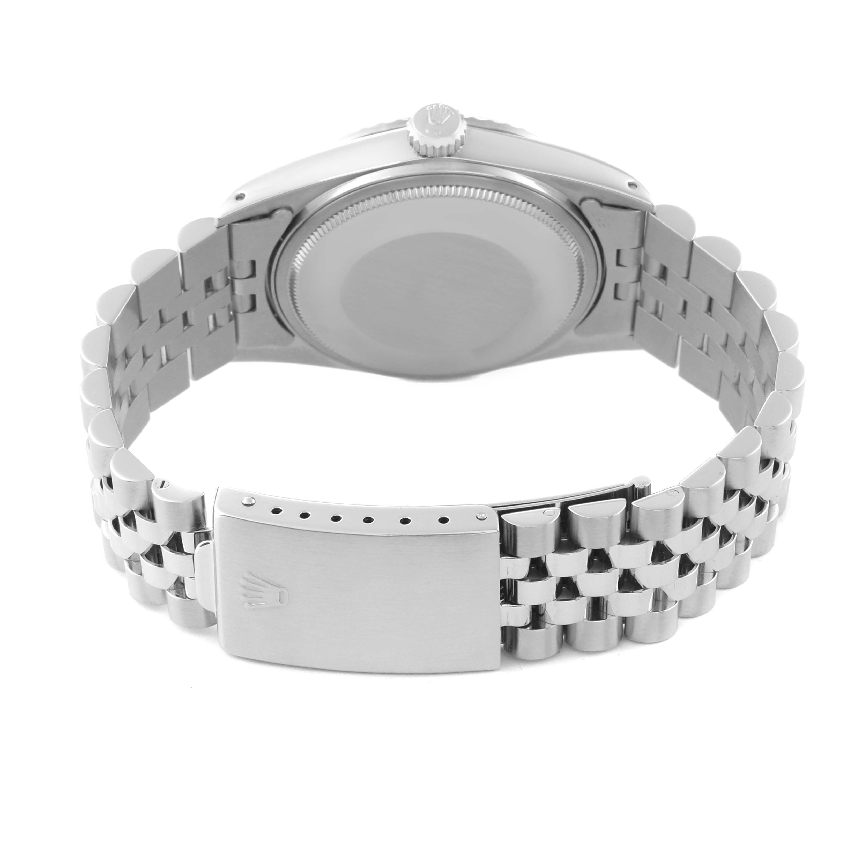 This image shows the backside of a Rolex Vintage Collection 16030 Men's Stainless Steel Silver Dial 16030 Men's Stainless Steel Silver Dial watch, highlighting the case back, crown, and bracelet clasp.