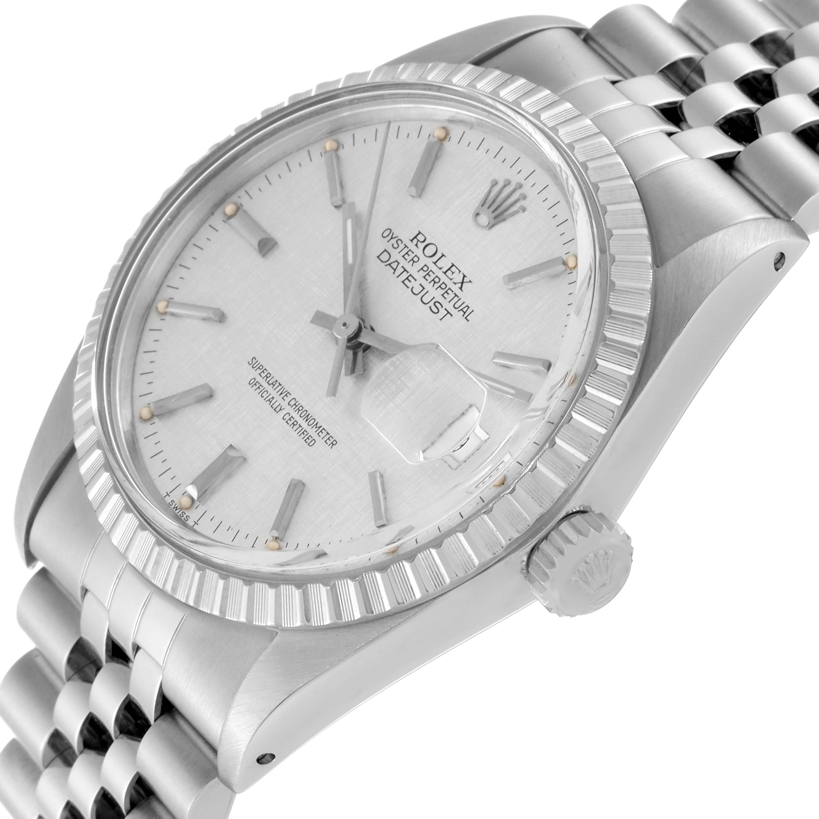This image shows a Rolex Vintage Collection 16030 Men's Stainless Steel Silver Dial 16030 Men's Stainless Steel Silver Dial Datejust watch, angled to display the dial, bezel, crown, and part of the bracelet.