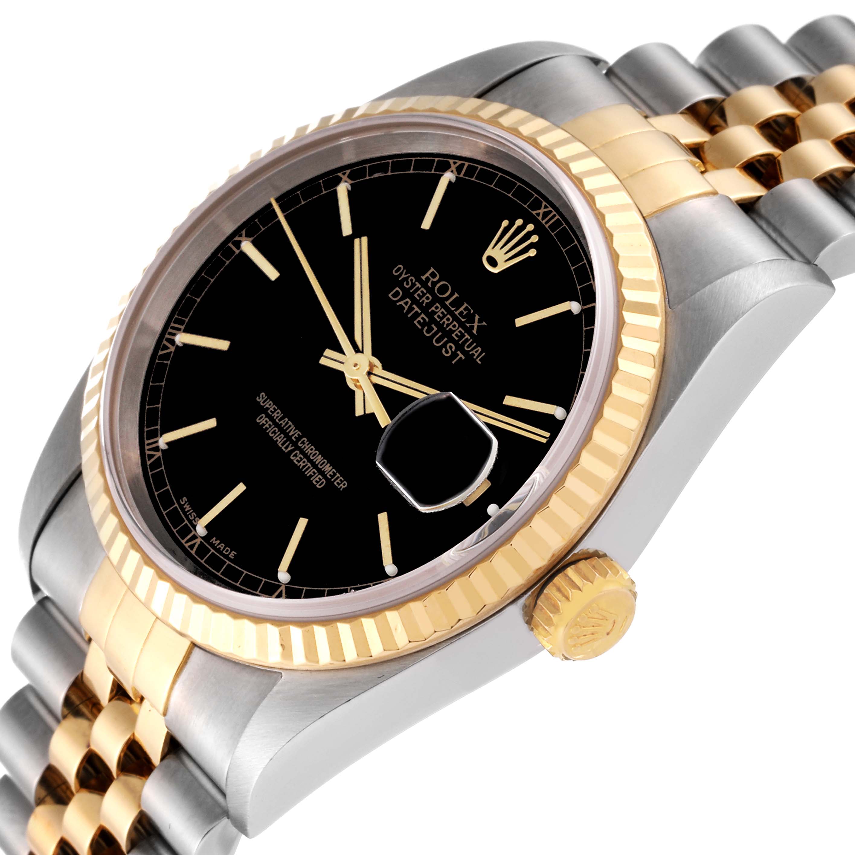 This image shows a close-up, angled view of the Rolex Datejust 16233 Men's Steel and Gold (two tone) Black Dial 16233 Men's Steel and Gold (two tone) Black Dial watch, highlighting the black dial, bezel, crown, and Jubilee bracelet.