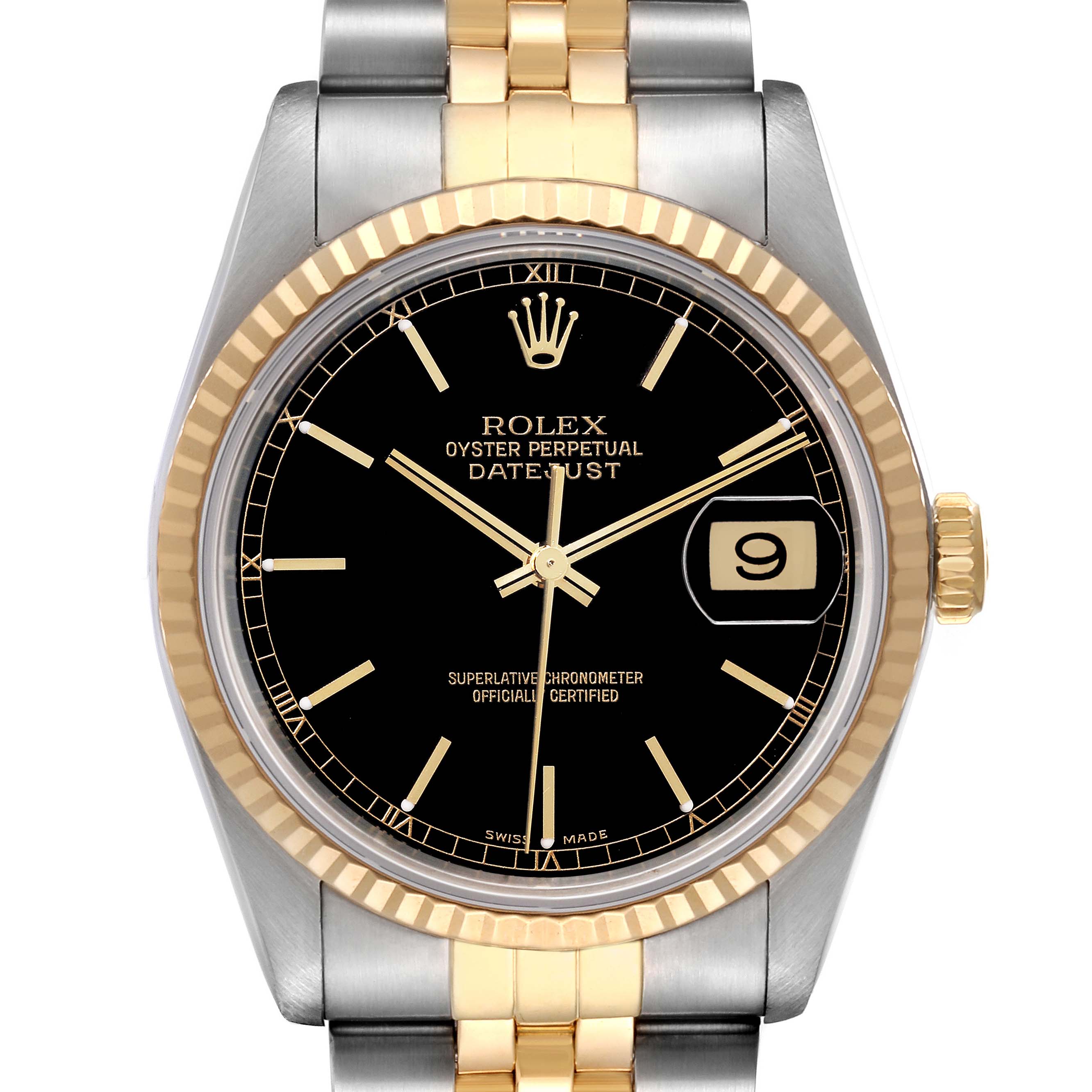 This image shows a front view of the Rolex Datejust 16233 Men's Steel and Gold (two tone) Black Dial 16233 Men's Steel and Gold (two tone) Black Dial watch, displaying its black dial, gold bezel, and two-tone band.
