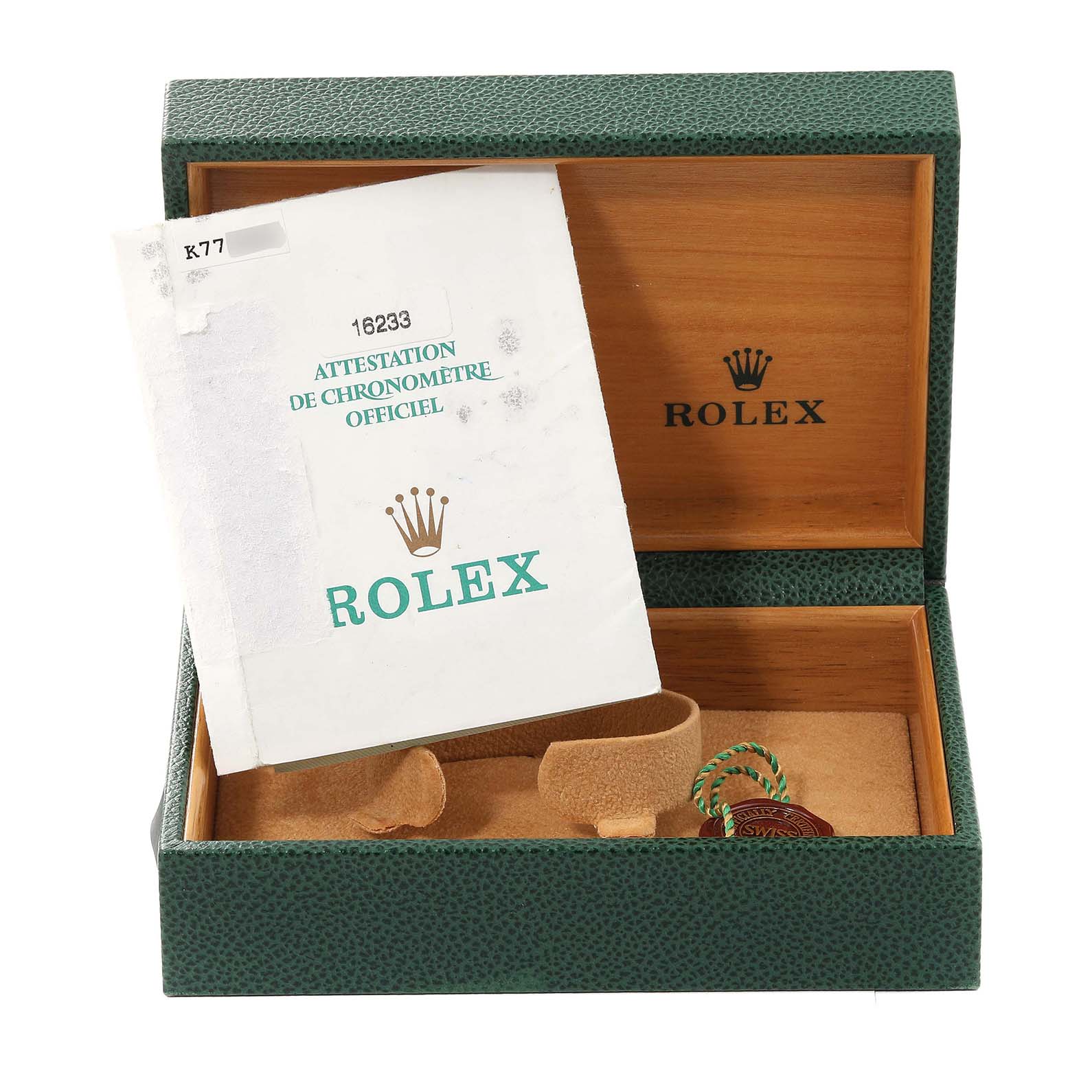 The image shows an open Rolex Datejust 16233 Men's Steel and Gold (two tone) Black Dial 16233 Men's Steel and Gold (two tone) Black Dial watch box with a certificate and tags inside.