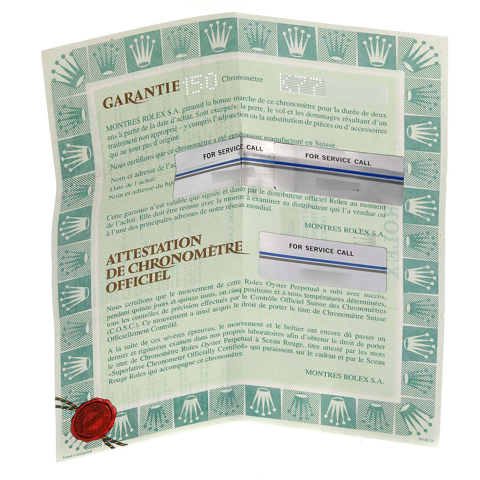 The image shows the official guarantee certificate for the Rolex Datejust 16233 Men's Steel and Gold (two tone) Black Dial 16233 Men's Steel and Gold (two tone) Black Dial Chronometer from a top-down angle.