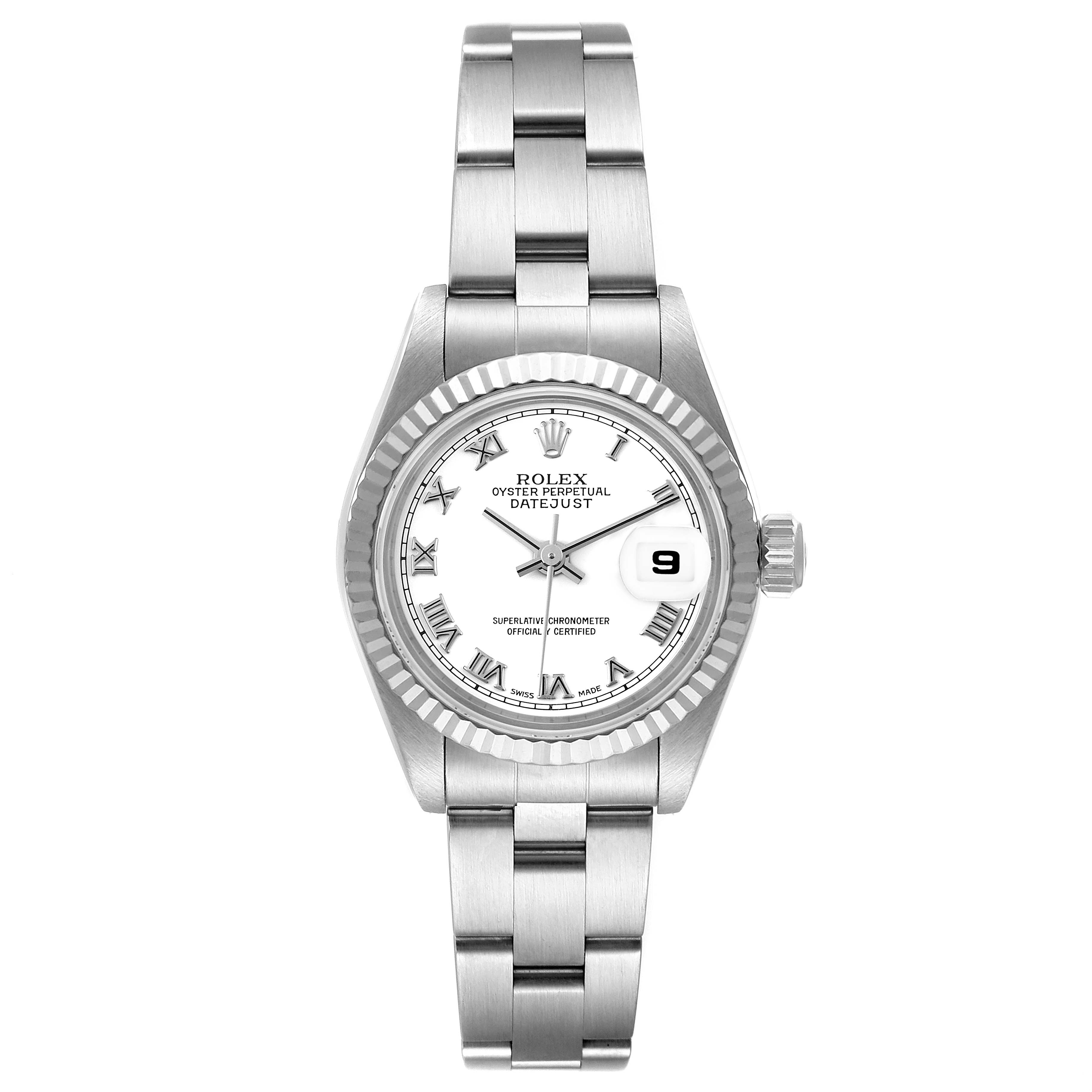 This image shows a Rolex Datejust 79174 Women
s Stainless Steel White Dial 79174 Women
s Stainless Steel White Dial watch from a top-down angle, displaying the dial, bezel, case, and bracelet.