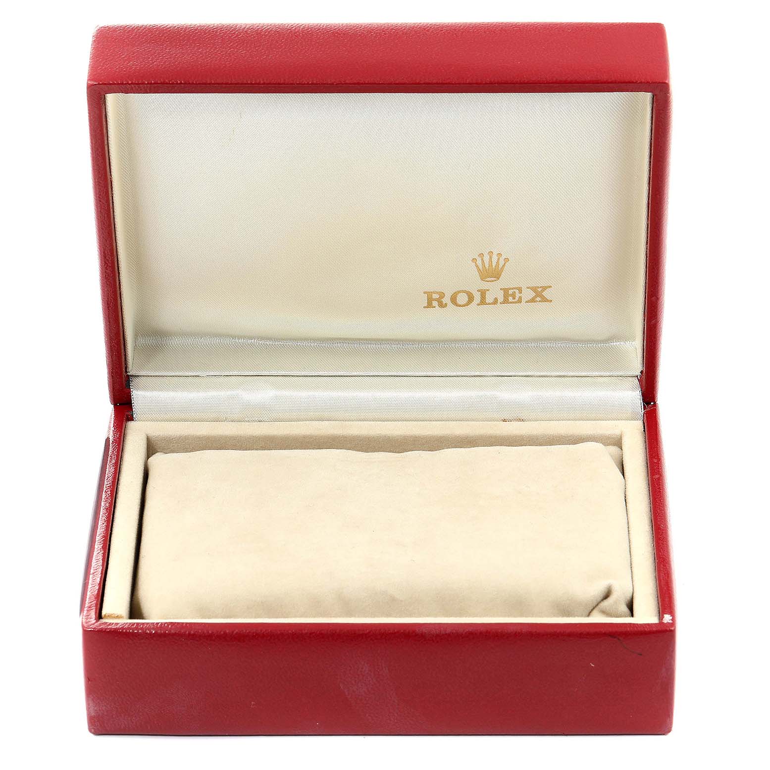 The image shows a red, open Rolex watch box with a beige cushion inside for a Datejust model by Rolex.