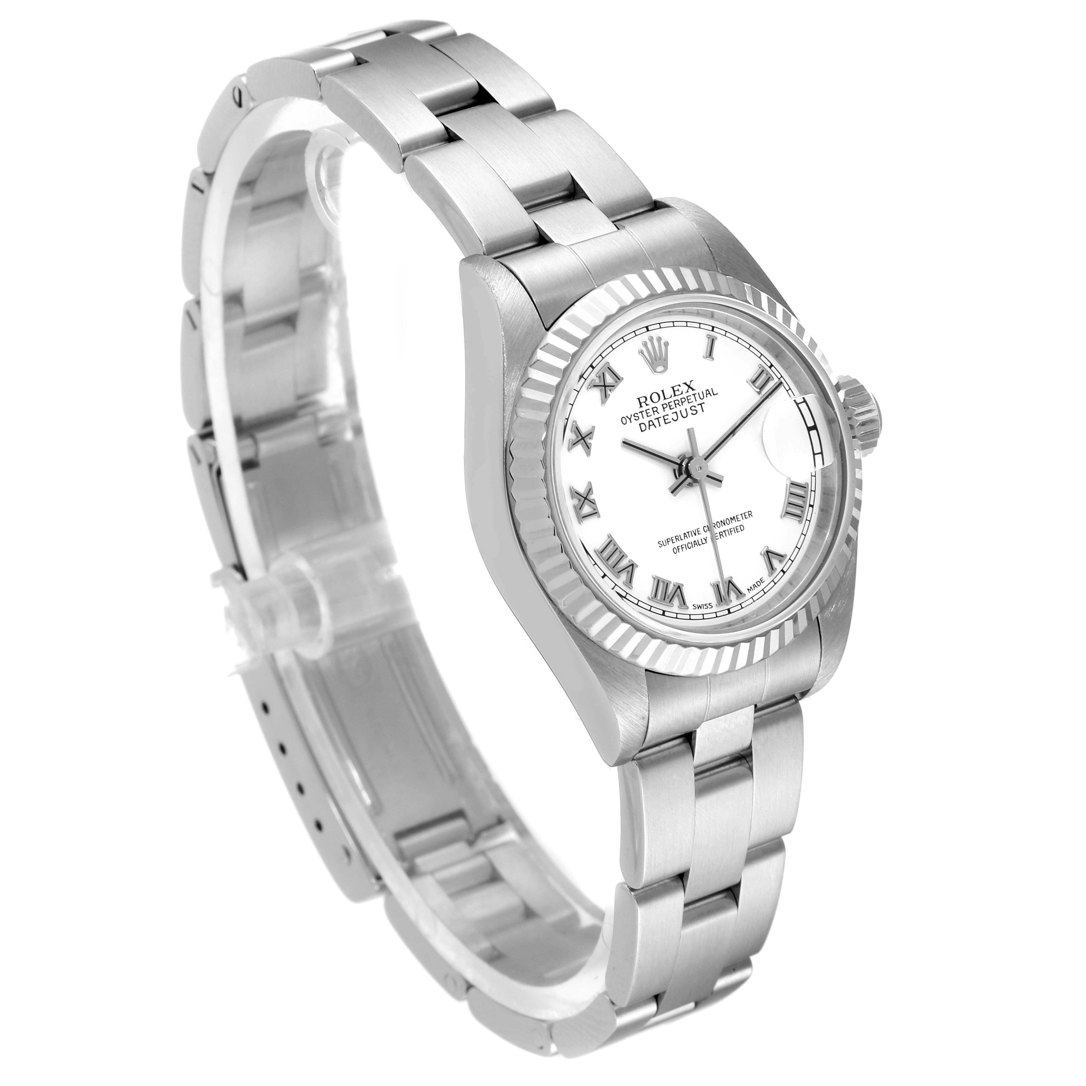 This image shows the Rolex Datejust 79174 Women
s Stainless Steel White Dial 79174 Women
s Stainless Steel White Dial model at a three-quarter angle, highlighting its dial, bezel, and bracelet.