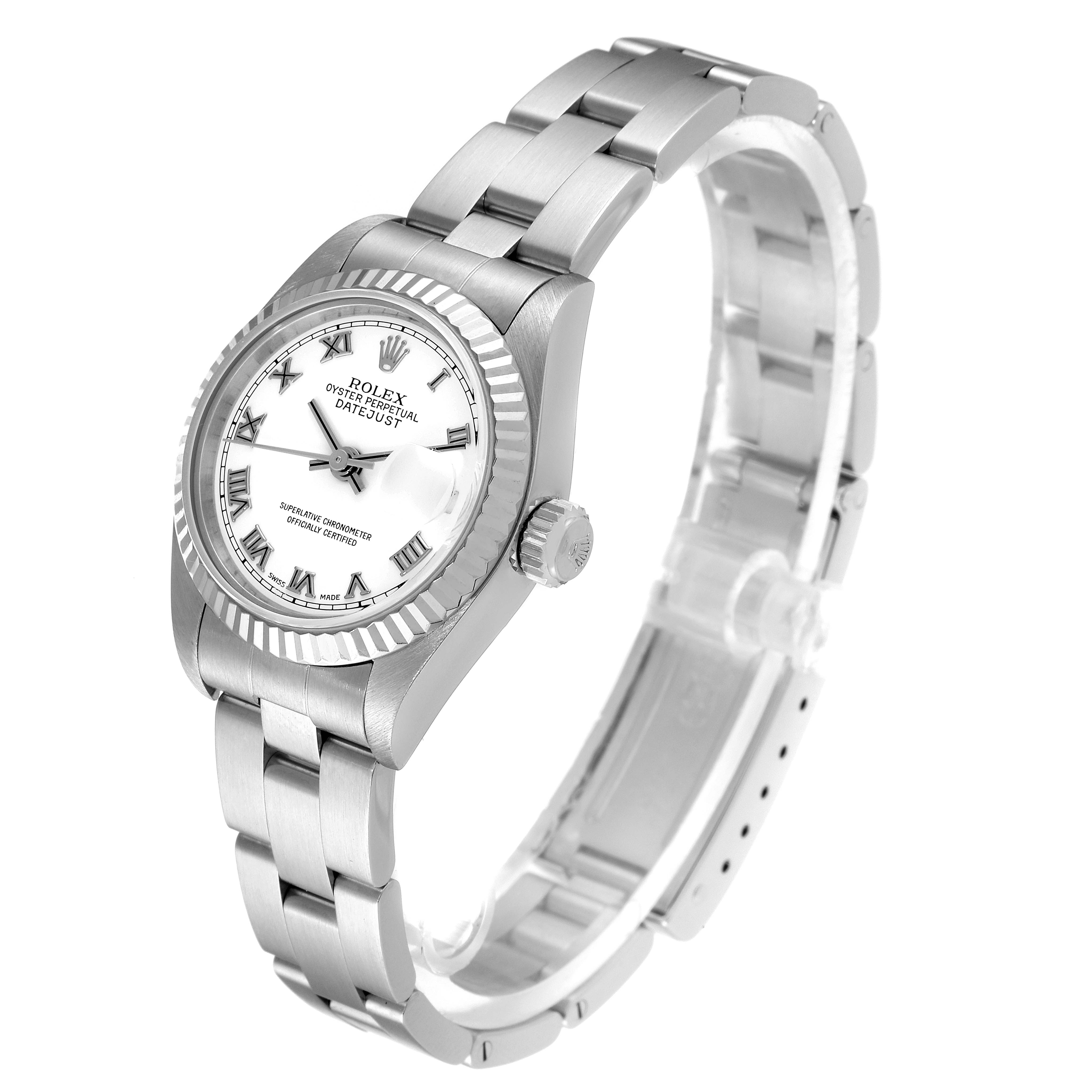 The Rolex Datejust 79174 Women
s Stainless Steel White Dial 79174 Women
s Stainless Steel White Dial watch is shown at a three-quarter angle, displaying the face, bezel, crown, and bracelet.