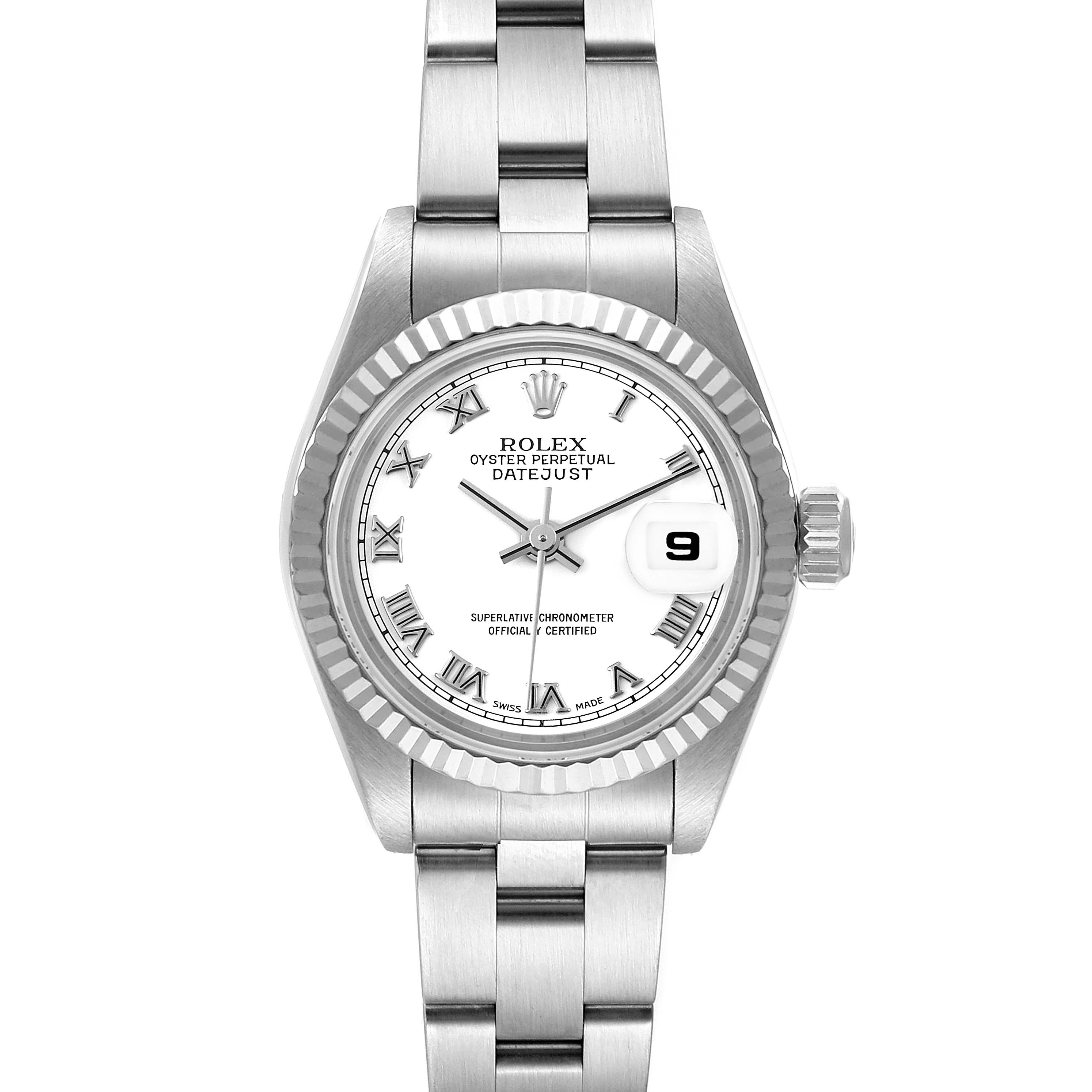 The image shows a front view of a Rolex Datejust 79174 Women
s Stainless Steel White Dial 79174 Women
s Stainless Steel White Dial watch, displaying the face, bezel, and part of the bracelet.
