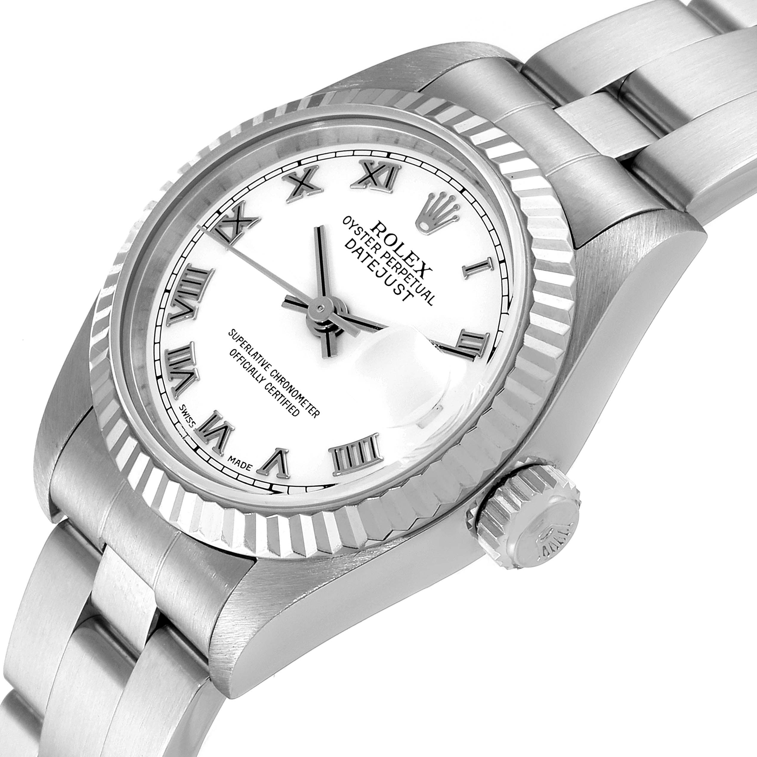 This Rolex Datejust 79174 Women
s Stainless Steel White Dial 79174 Women
s Stainless Steel White Dial watch is shown from a slight diagonal angle, highlighting the dial, bezel, and bracelet.