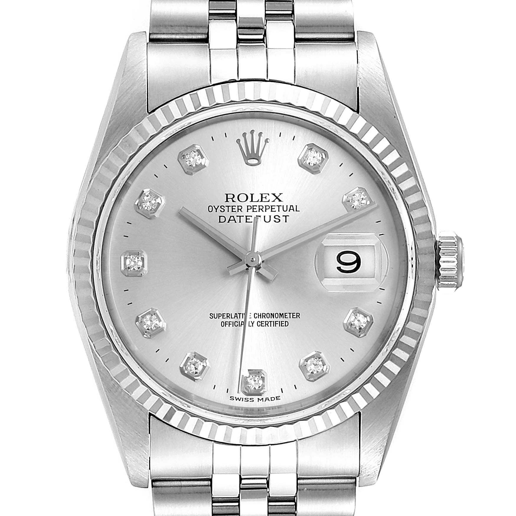 Rolex Datejust Steel White Gold Silver Diamond Dial Mens Watch 16234 ...