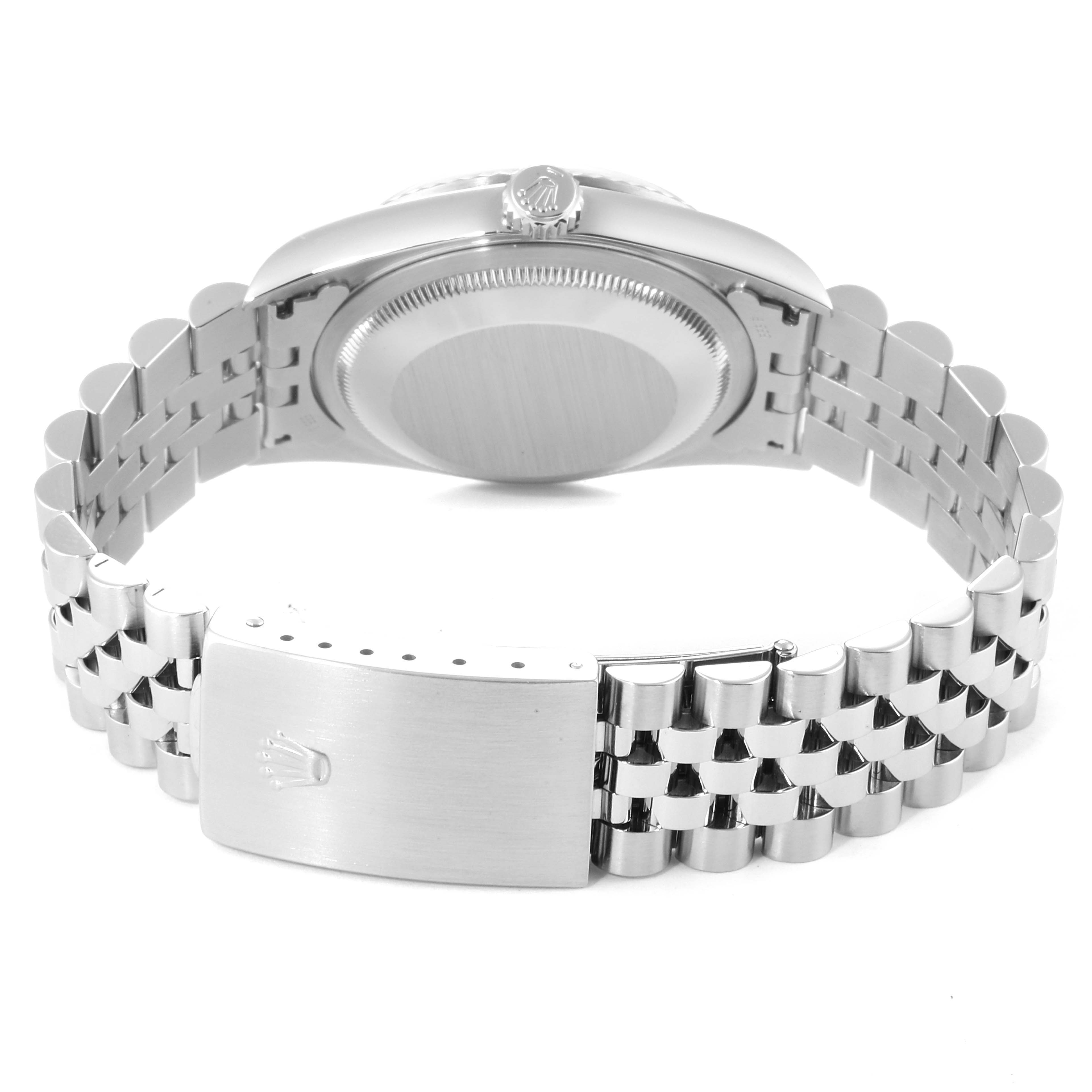 This image shows the back of a Rolex Datejust 16234 Men's Stainless Steel Silver Dial 16234 Men's Stainless Steel Silver Dial watch, highlighting its case back, crown, and Jubilee bracelet with clasp.