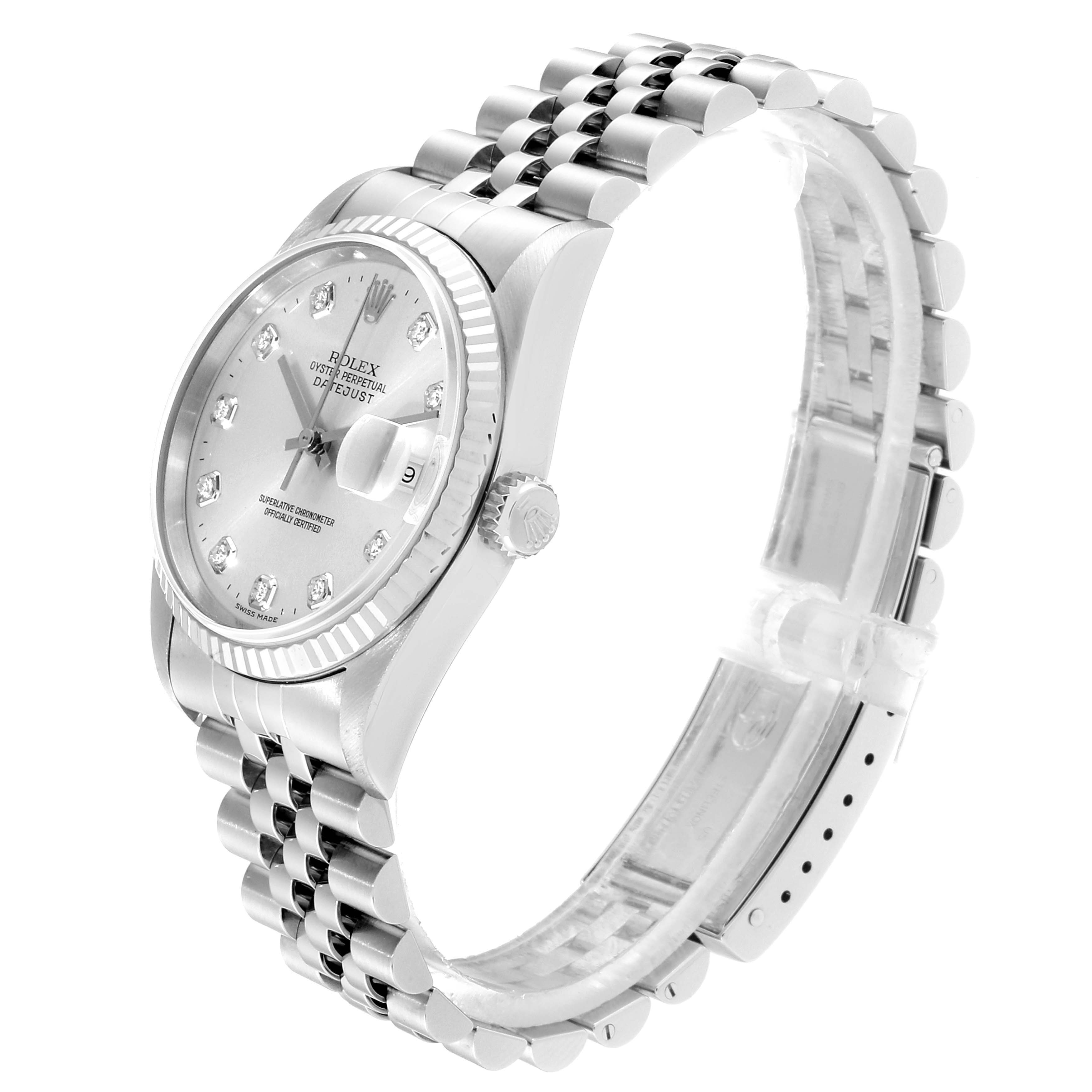 This image shows a Rolex Datejust 16234 Men's Stainless Steel Silver Dial 16234 Men's Stainless Steel Silver Dial watch at a three-quarter angle, highlighting the face, bezel, crown, and bracelet.