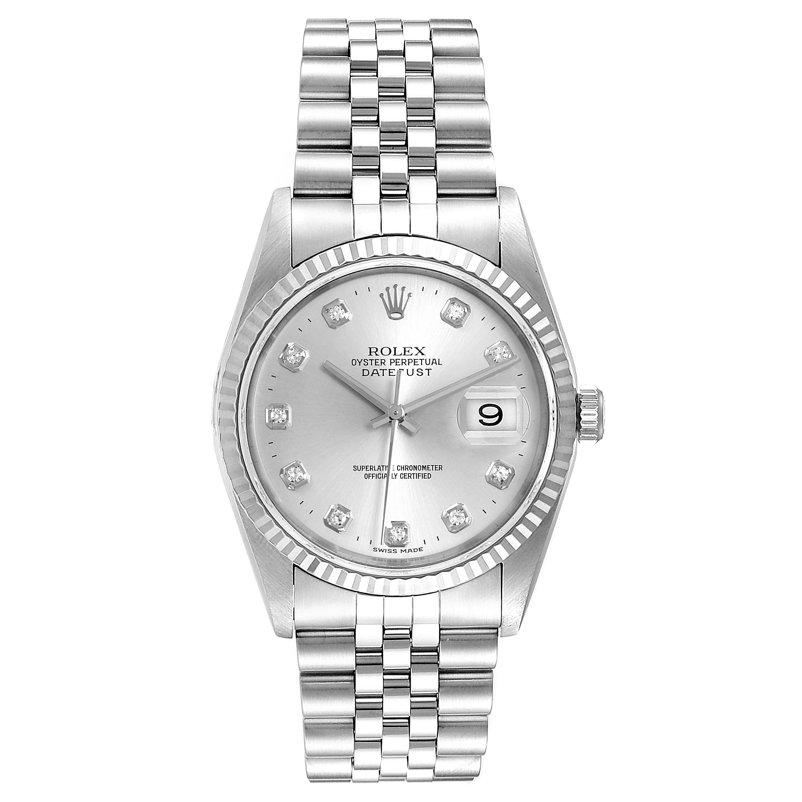 This image shows a front view of a Rolex Datejust 16234 Men's Stainless Steel Silver Dial 16234 Men's Stainless Steel Silver Dial watch, highlighting its dial, bezel, case, and Jubilee bracelet.