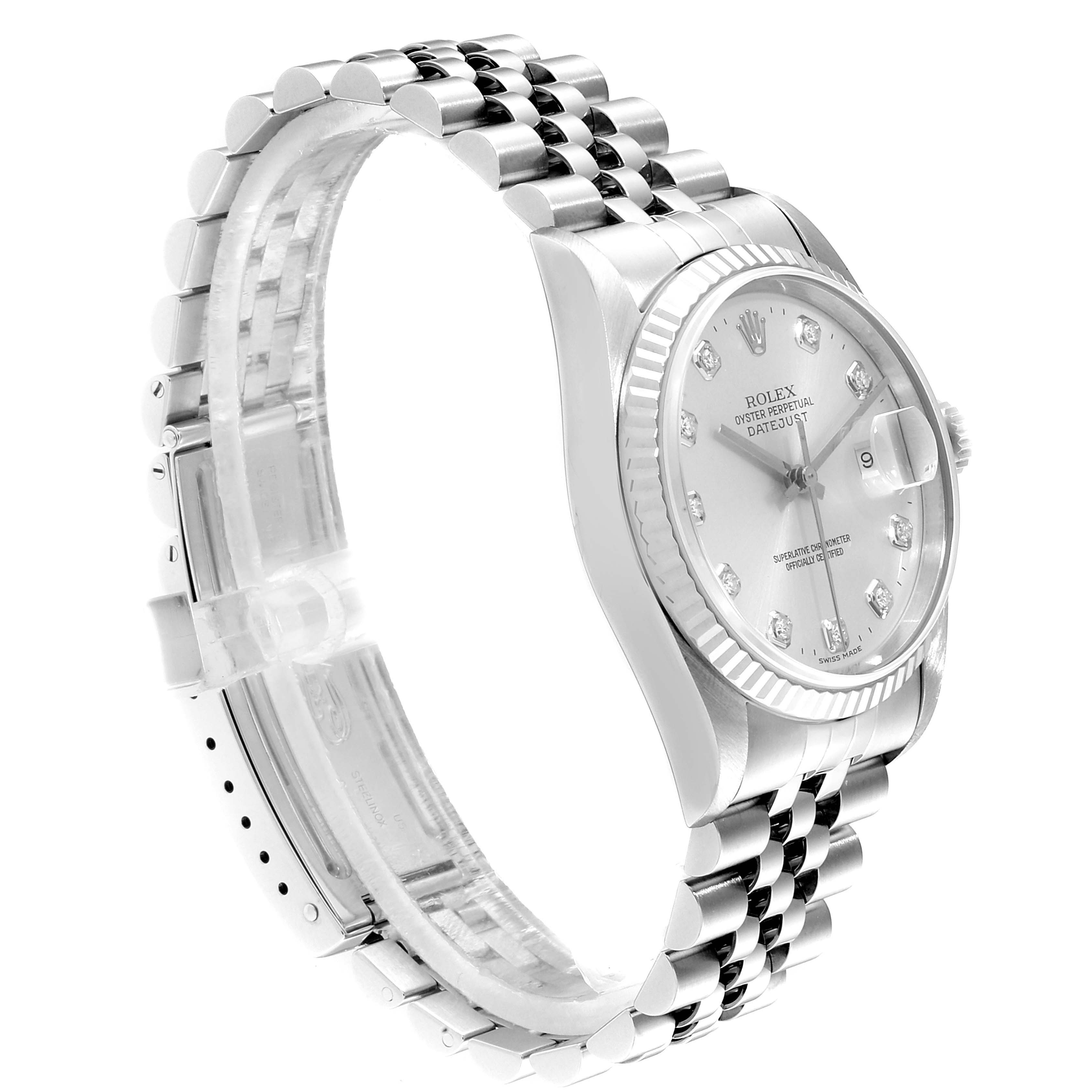 This image shows a Rolex Datejust 16234 Men's Stainless Steel Silver Dial 16234 Men's Stainless Steel Silver Dial watch angled to display the face, bezel, and part of the bracelet.