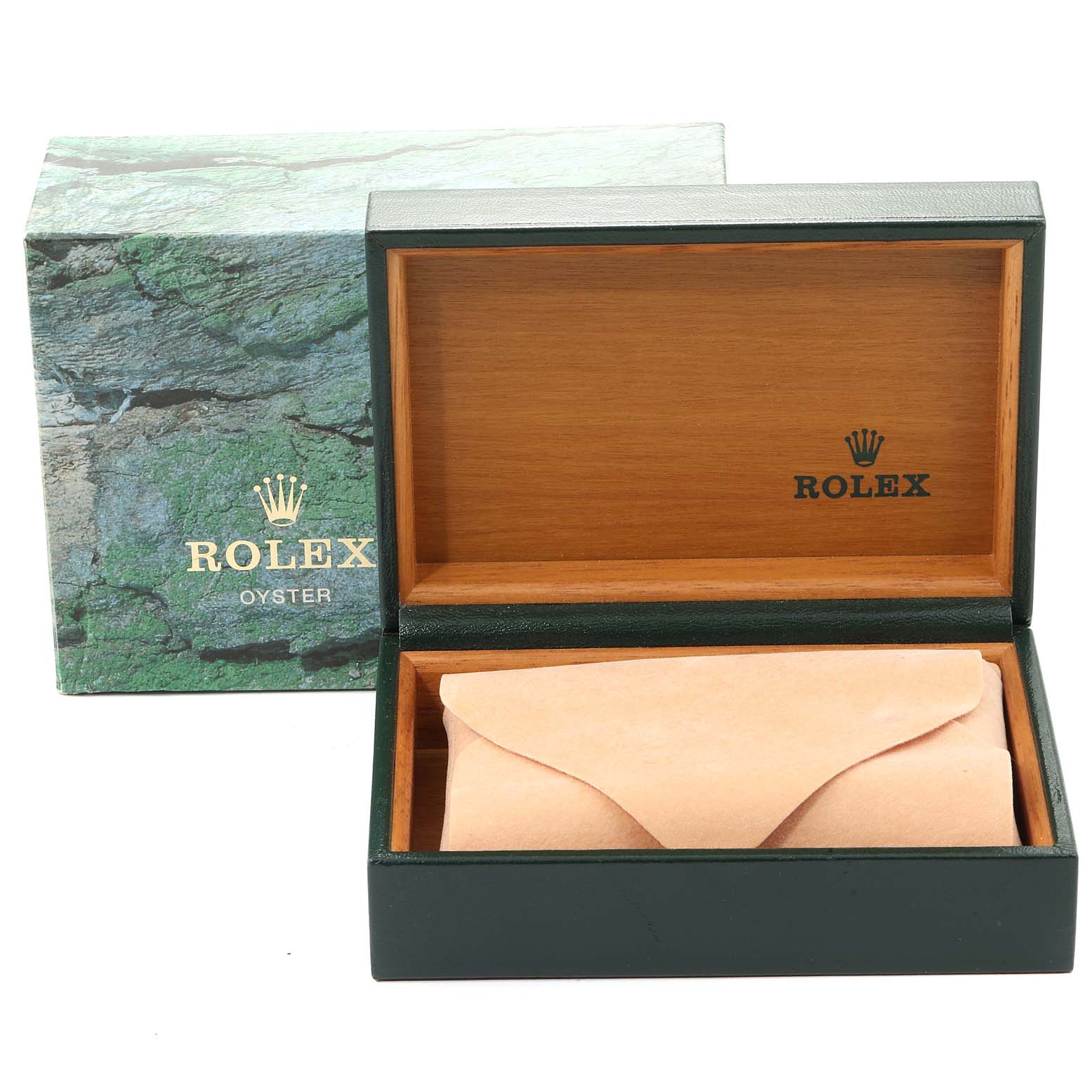 This image shows a Rolex Datejust 16234 Men's Stainless Steel Silver Dial 16234 Men's Stainless Steel Silver Dial watch box open, revealing a leather pouch inside.