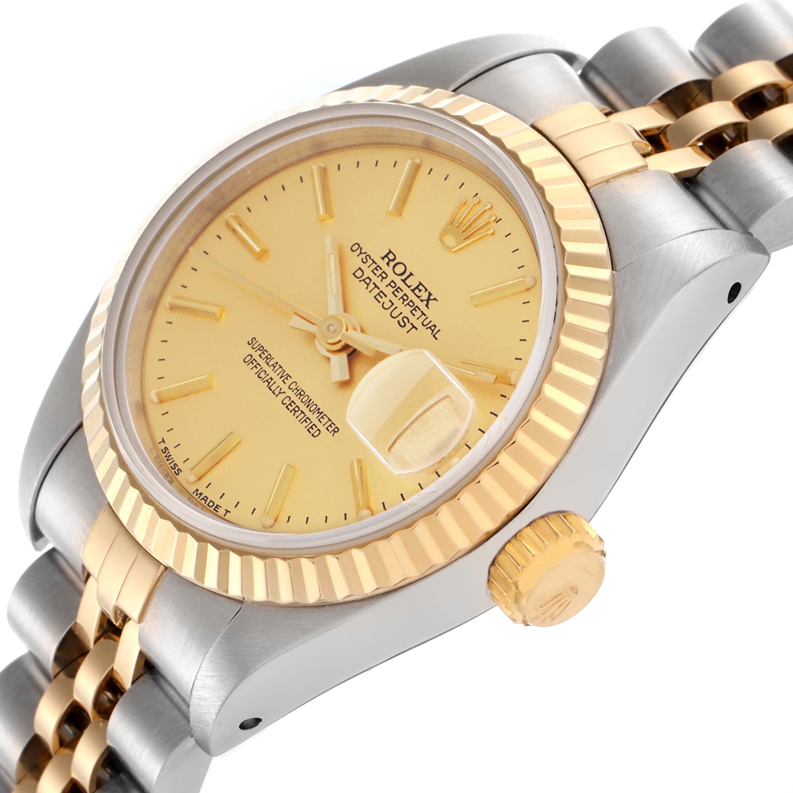 The Rolex Datejust 69173 Women
s Steel and Gold (two tone) Champagne Dial 69173 Women
s Steel and Gold (two tone) Champagne Dial watch is shown from a three-quarter angle, highlighting the dial, bezel, crown, and part of the bracelet.