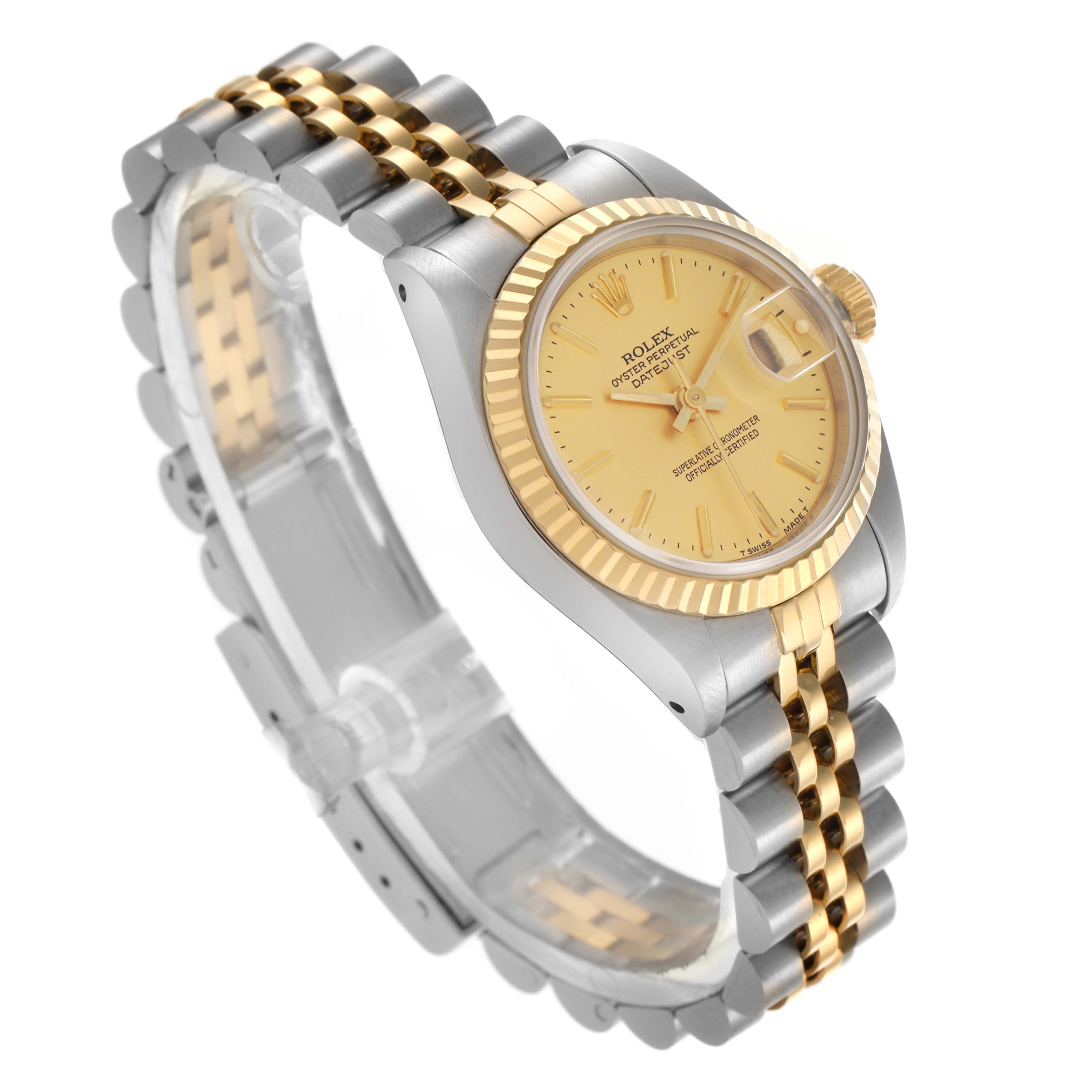 The Rolex Datejust 69173 Women
s Steel and Gold (two tone) Champagne Dial 69173 Women
s Steel and Gold (two tone) Champagne Dial watch is shown at a three-quarter angle, highlighting the gold dial, fluted bezel, and Jubilee bracelet.