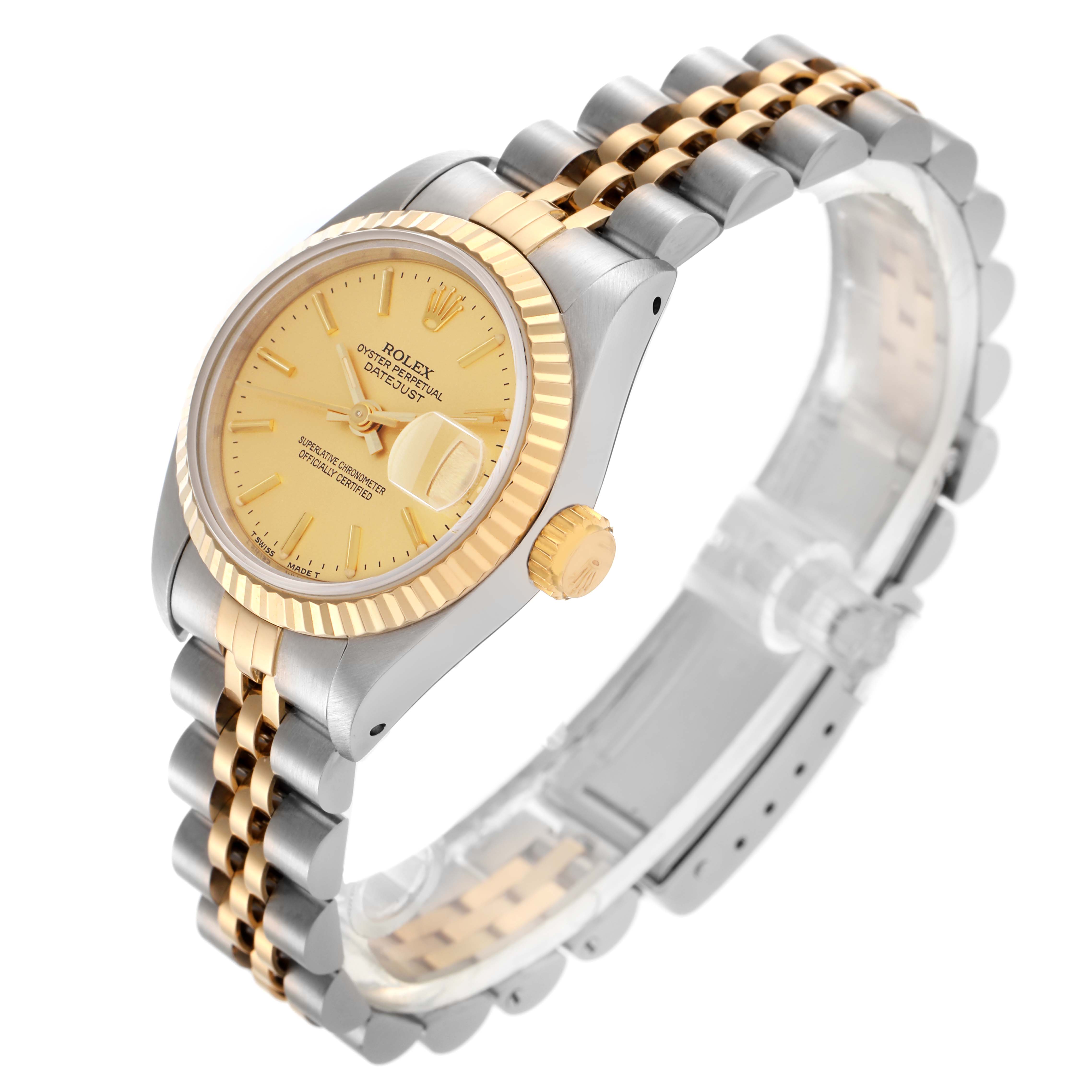 The Rolex Datejust 69173 Women
s Steel and Gold (two tone) Champagne Dial 69173 Women
s Steel and Gold (two tone) Champagne Dial watch is shown at an angled view, highlighting the dial, bezel, crown, and jubilee bracelet.