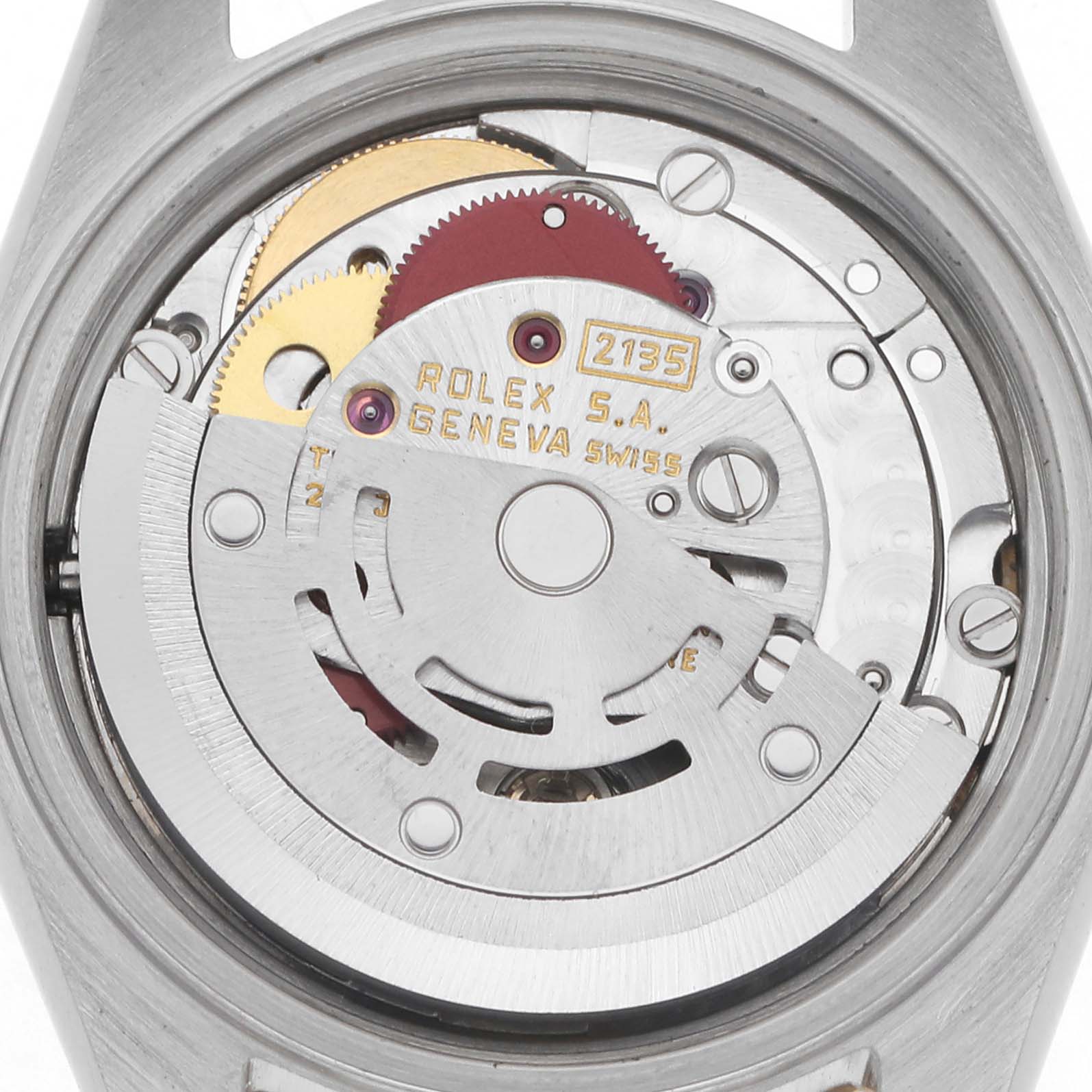 The image shows the movement of a Rolex Datejust 69173 Women
s Steel and Gold (two tone) Champagne Dial 69173 Women
s Steel and Gold (two tone) Champagne Dial watch from an overhead angle, highlighting its intricate mechanics and rotor.