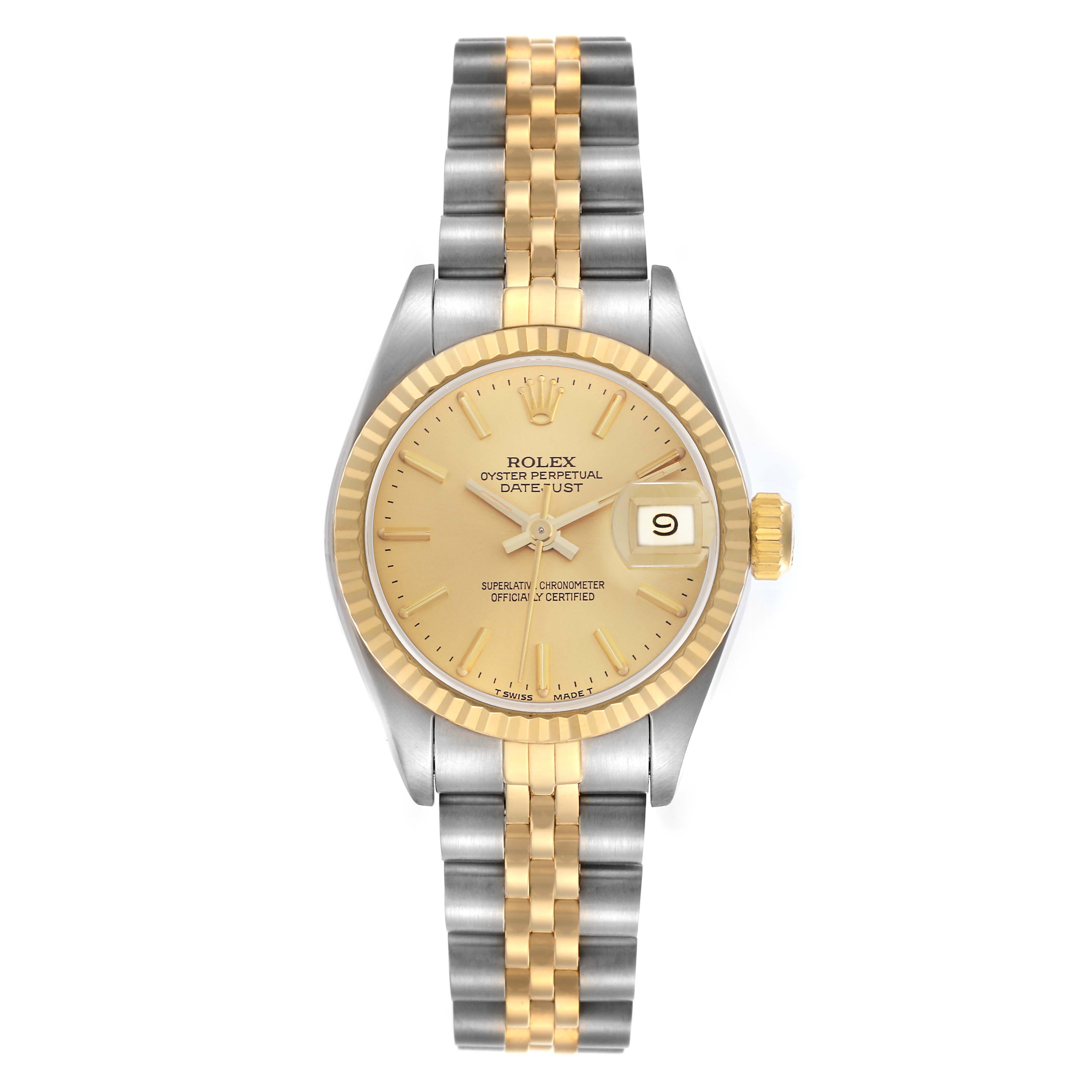 The Rolex Datejust 69173 Women
s Steel and Gold (two tone) Champagne Dial 69173 Women
s Steel and Gold (two tone) Champagne Dial watch is shown from a top-down angle, highlighting its face, bezel, and two-tone bracelet.
