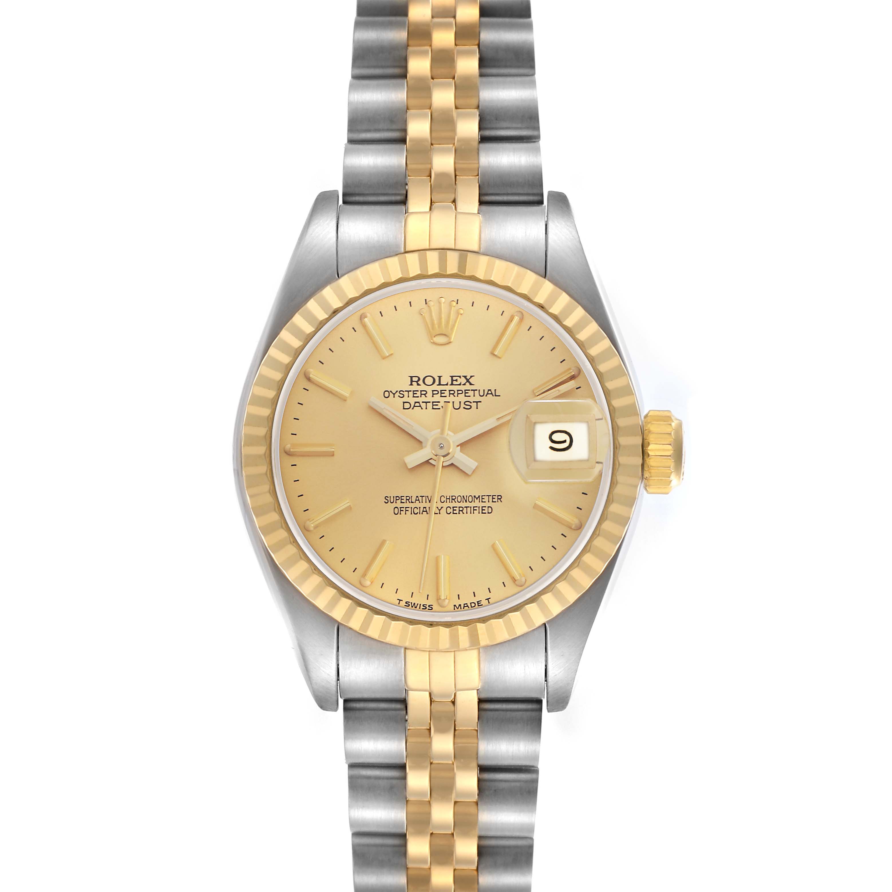 The Rolex Datejust 69173 Women
s Steel and Gold (two tone) Champagne Dial 69173 Women
s Steel and Gold (two tone) Champagne Dial watch is shown from the front, displaying the dial, bezel, and bracelet in a two-tone design.