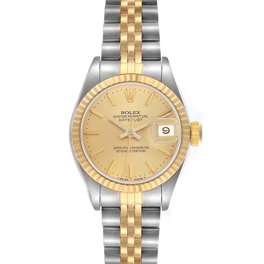 The Rolex Datejust watch is shown from the front, displaying the dial, bezel, and bracelet in a two-tone design.