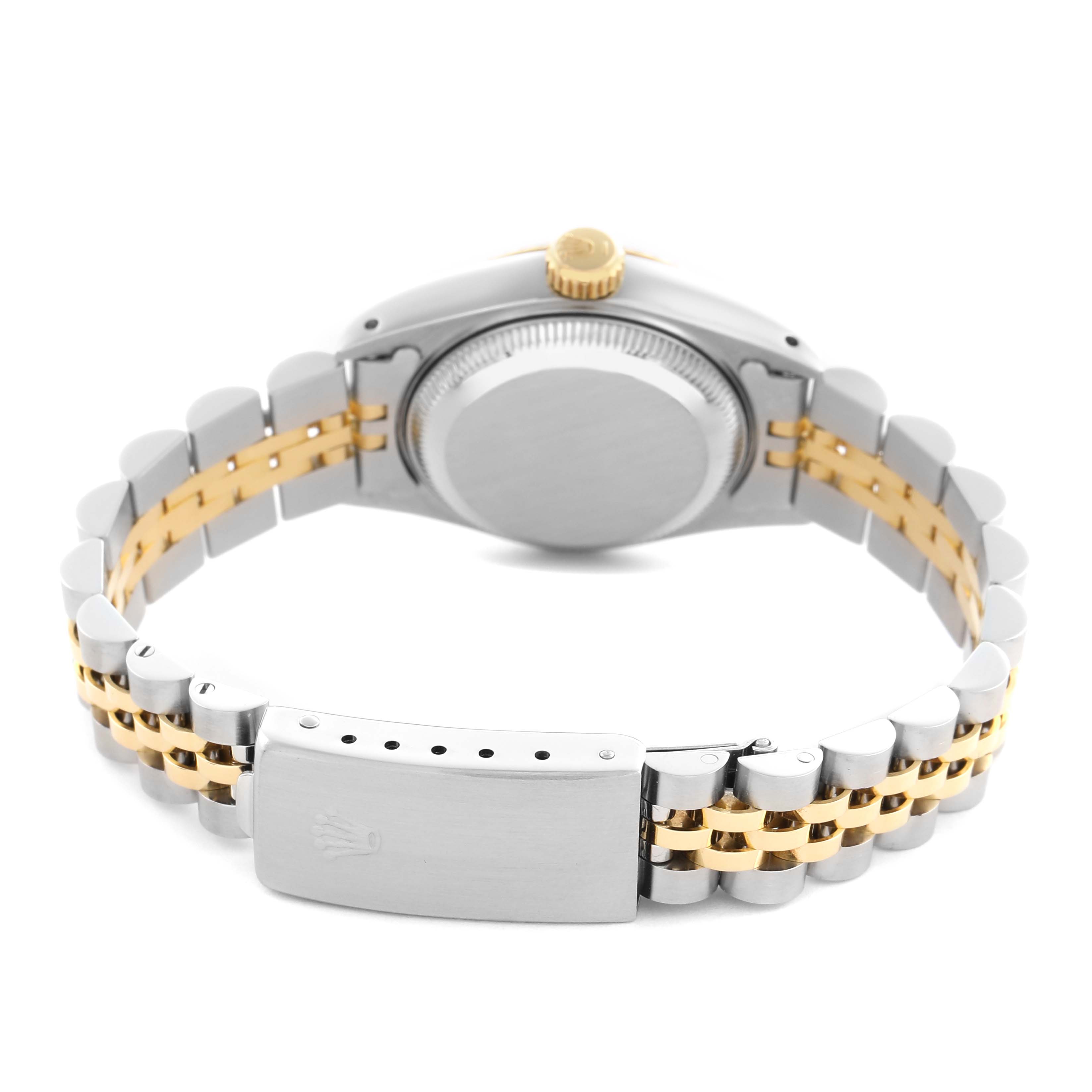 The Rolex Datejust 69173 Women
s Steel and Gold (two tone) Champagne Dial 69173 Women
s Steel and Gold (two tone) Champagne Dial watch is shown from the rear, highlighting the bracelet, clasp, and case back.