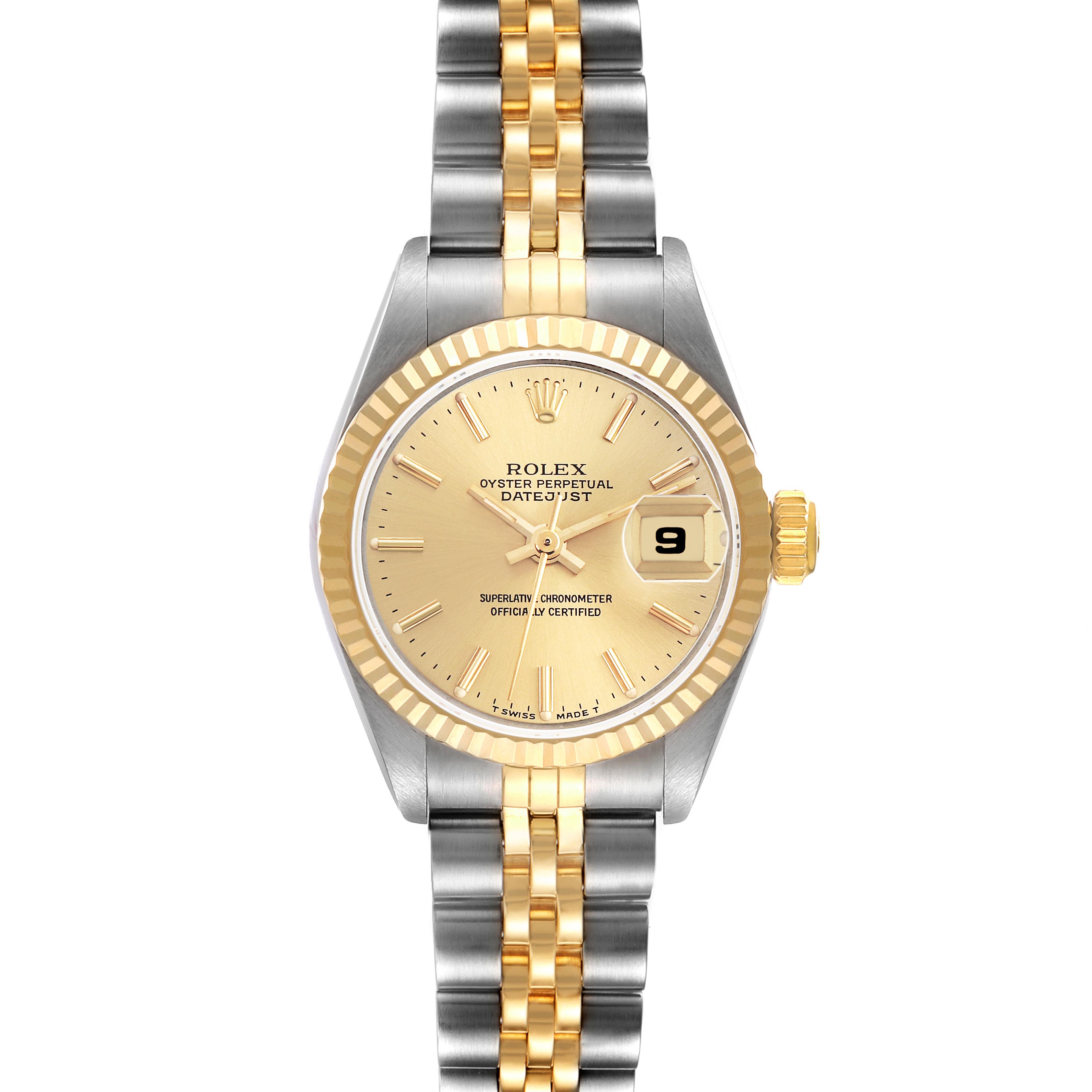 The Rolex Datejust 69173 Women
s Steel and Gold (two tone) Champagne Dial 69173 Women
s Steel and Gold (two tone) Champagne Dial watch is shown from the front, highlighting the dial, fluted bezel, and Jubilee bracelet.