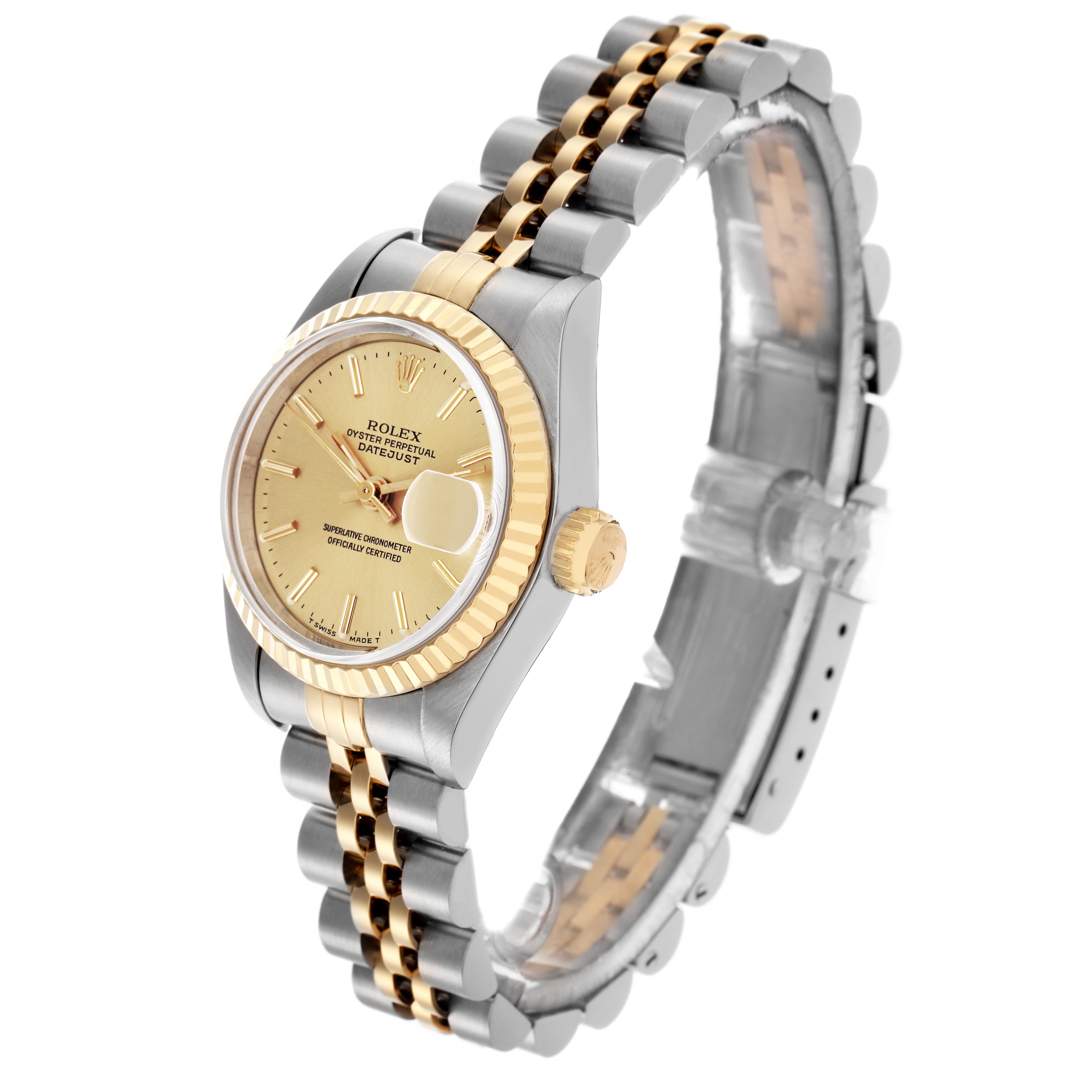 The Rolex Datejust 69173 Women
s Steel and Gold (two tone) Champagne Dial 69173 Women
s Steel and Gold (two tone) Champagne Dial watch is shown at a slight angle, highlighting the dial, bezel, crown, and part of the bracelet.
