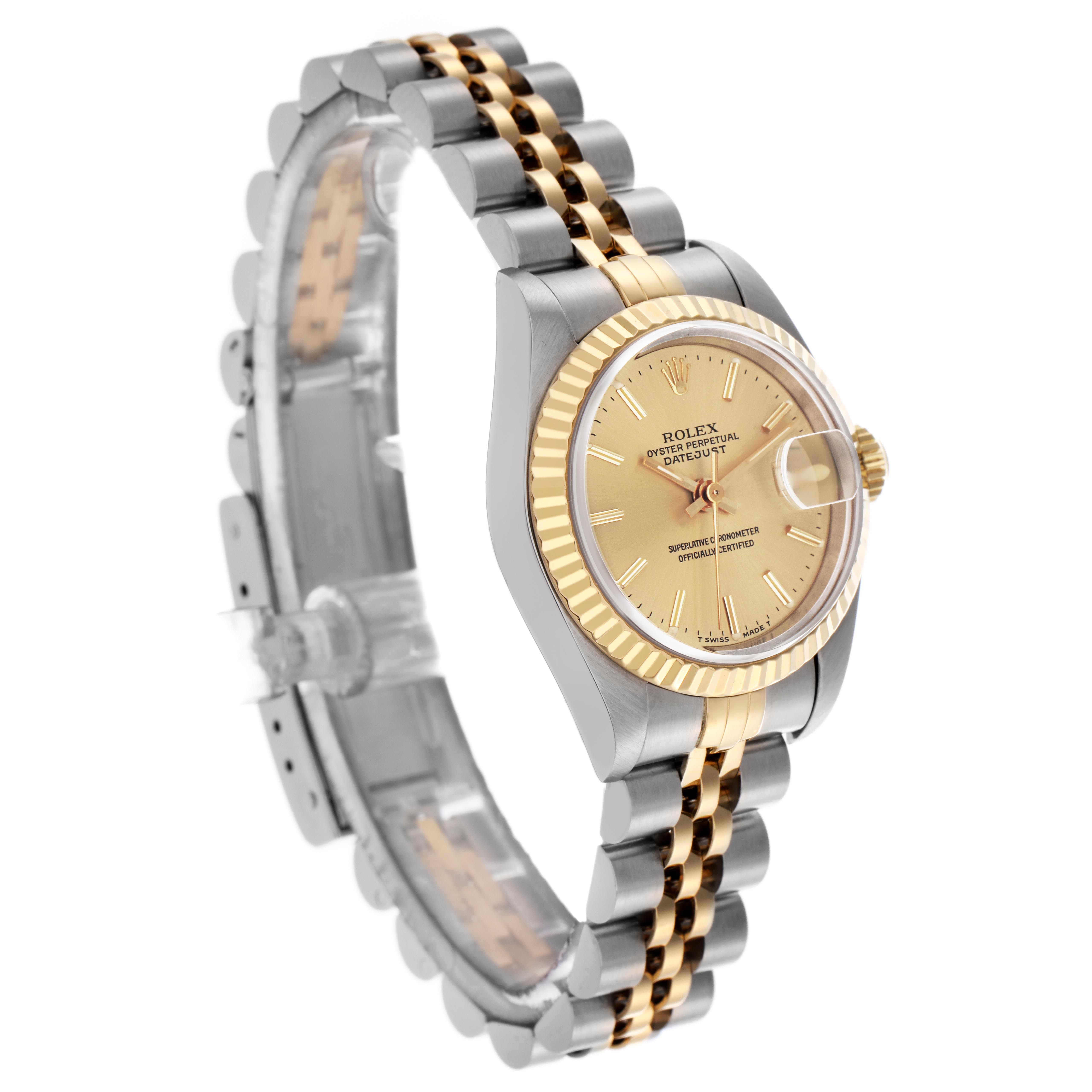 The Rolex Datejust 69173 Women
s Steel and Gold (two tone) Champagne Dial 69173 Women
s Steel and Gold (two tone) Champagne Dial watch is shown at a slight side angle, highlighting the gold fluted bezel and two-tone Jubilee bracelet.
