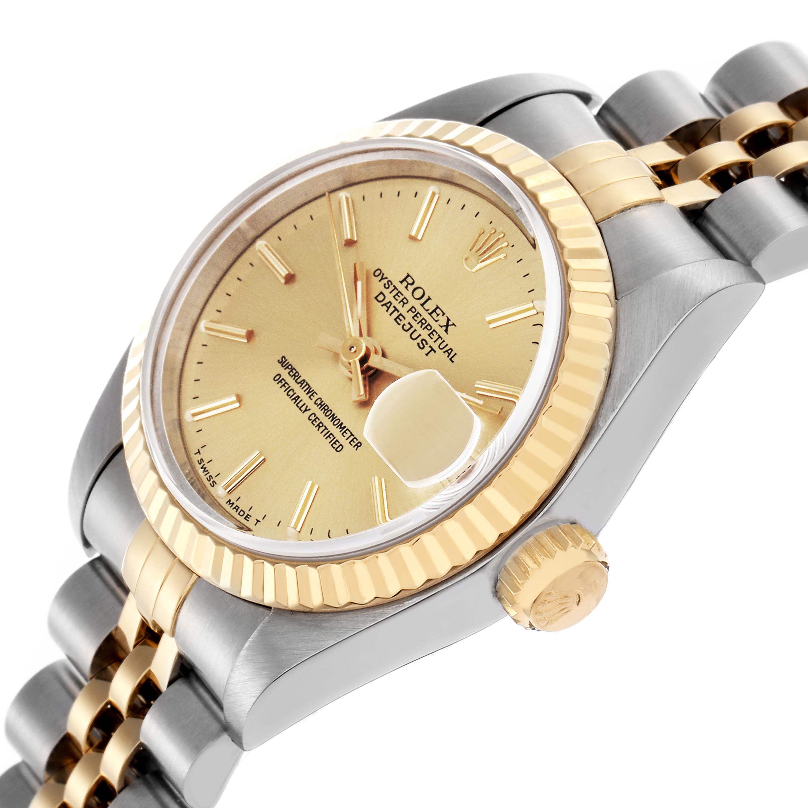 The Rolex Datejust 69173 Women
s Steel and Gold (two tone) Champagne Dial 69173 Women
s Steel and Gold (two tone) Champagne Dial watch is shown at an angled side view, highlighting the bezel, crown, bracelet, and champagne dial.