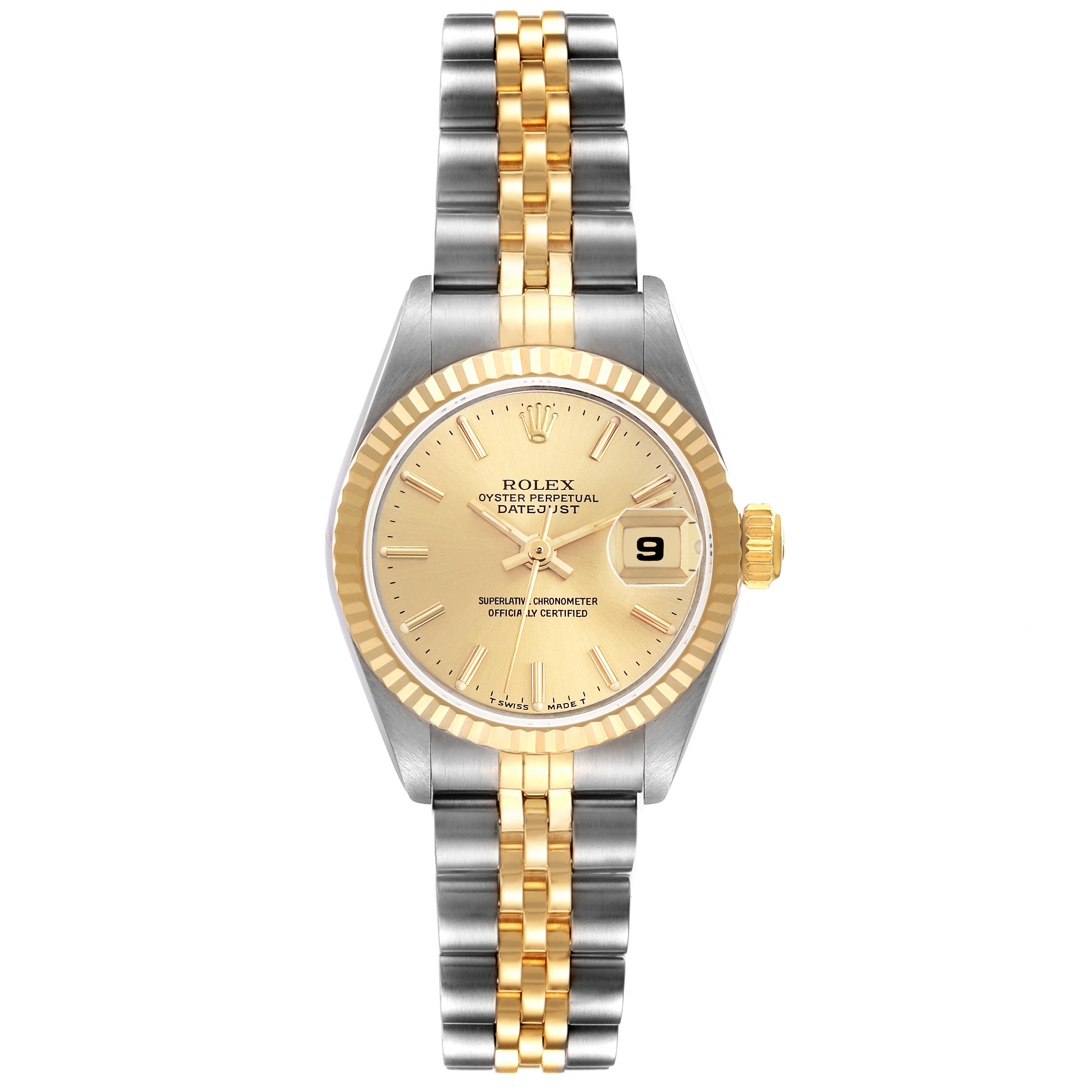 The Rolex Datejust 69173 Women
s Steel and Gold (two tone) Champagne Dial 69173 Women
s Steel and Gold (two tone) Champagne Dial watch is shown from the front, displaying the face, bezel, and bracelet.