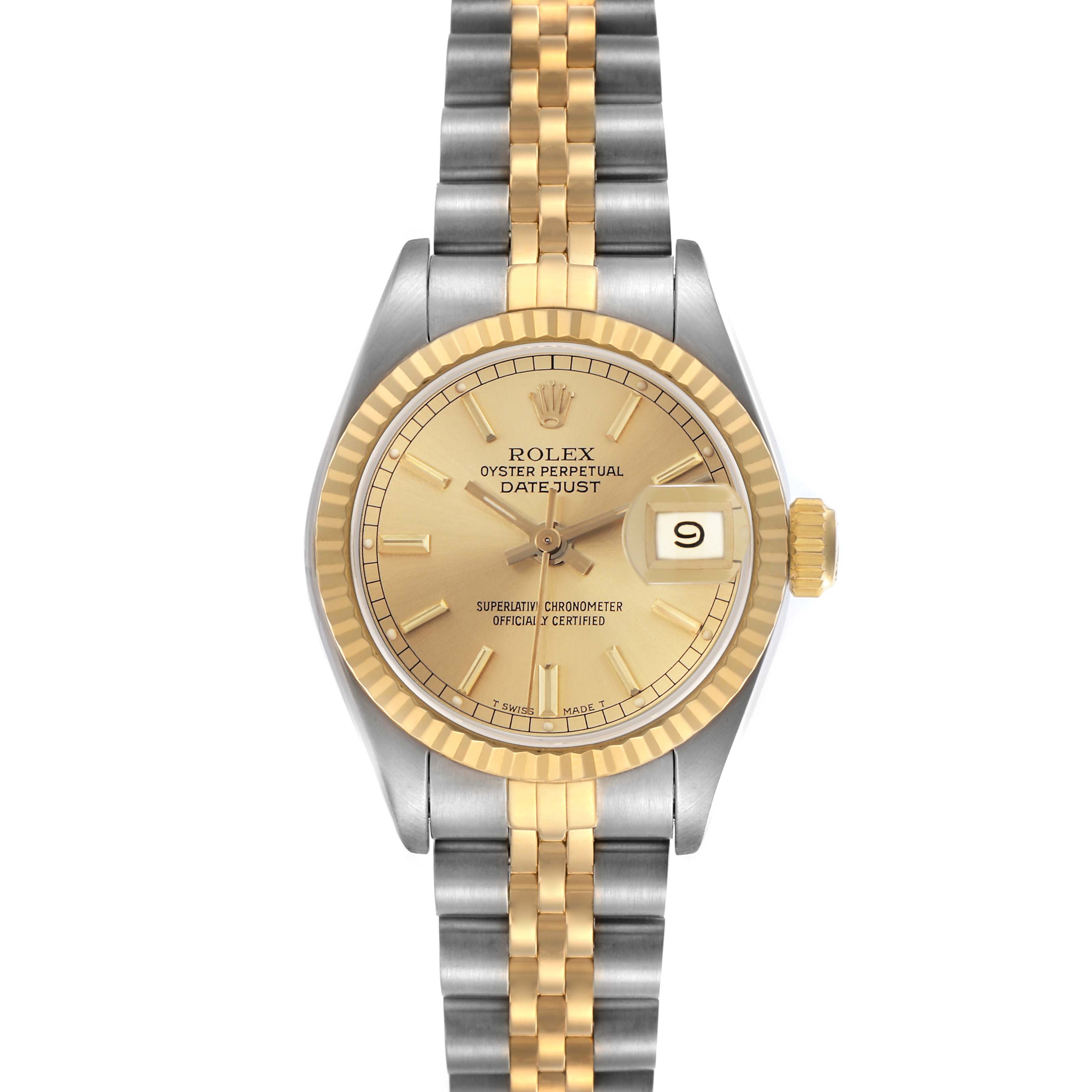 The Rolex Datejust 69173 Women
s Steel and Gold (two tone) Champagne Dial 69173 Women
s Steel and Gold (two tone) Champagne Dial watch is shown from the front, featuring its dial, bezel, crown, and two-tone bracelet.