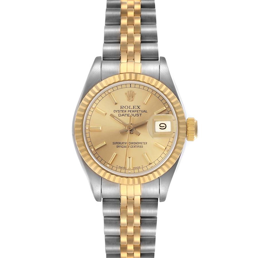 The Rolex Datejust watch is shown from the front, featuring its dial, bezel, crown, and two-tone bracelet.