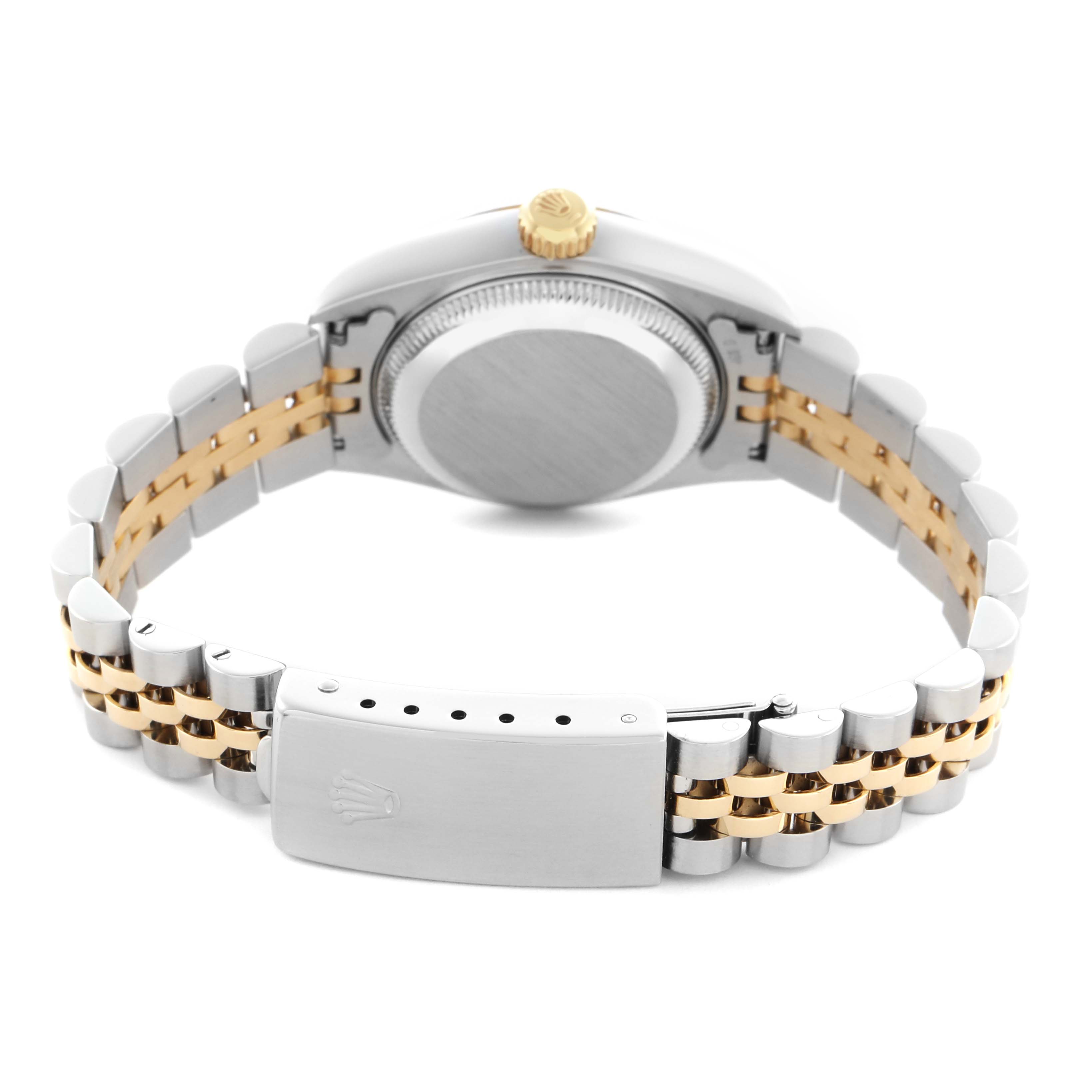 The Rolex Datejust 69173 Women
s Steel and Gold (two tone) Champagne Dial 69173 Women
s Steel and Gold (two tone) Champagne Dial is shown from the back, highlighting the clasp, bracelet, and case back.