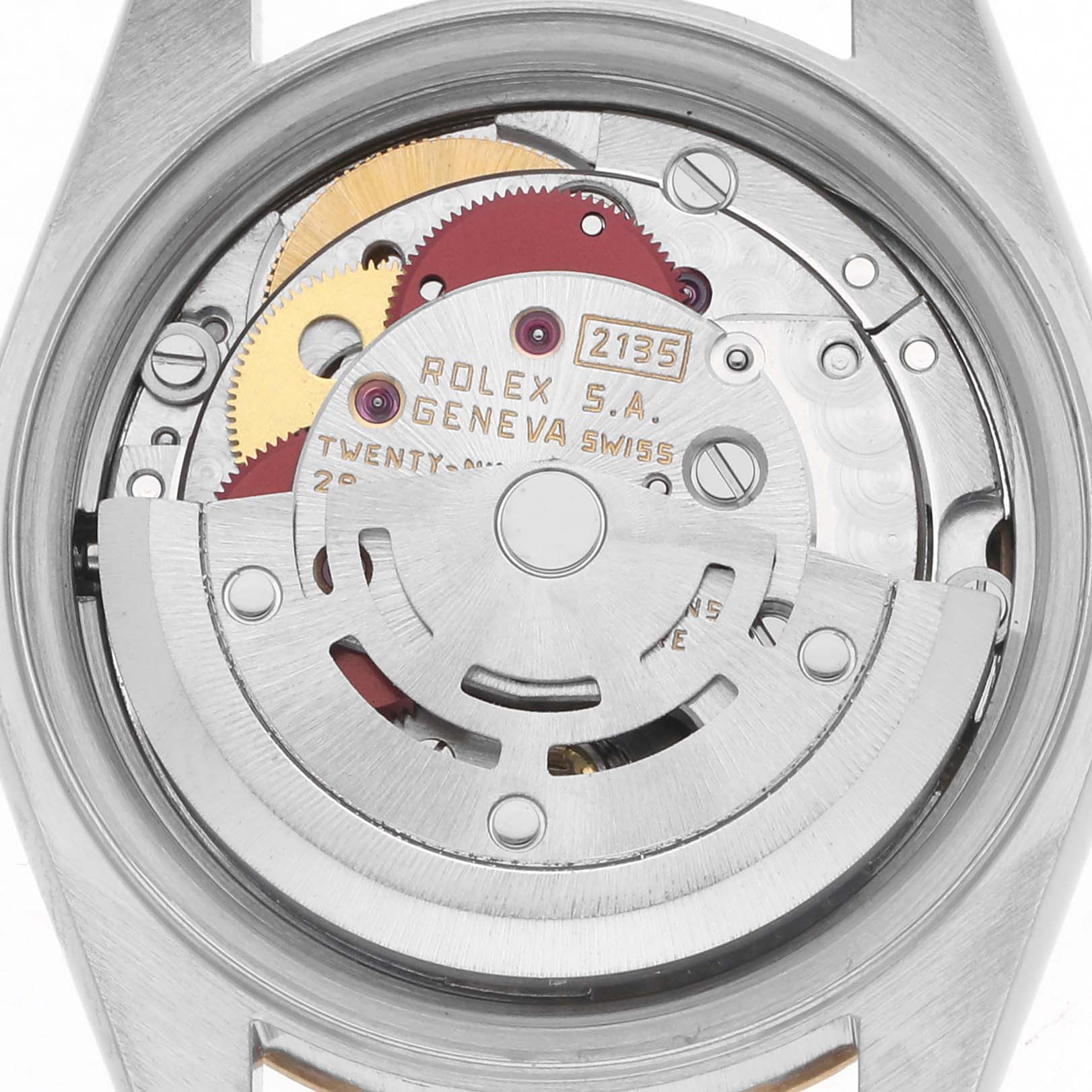 The image shows the movement of a Rolex Datejust 69173 Women
s Steel and Gold (two tone) Champagne Dial 69173 Women
s Steel and Gold (two tone) Champagne Dial, focusing on the intricate gears and rotor from a back angle.