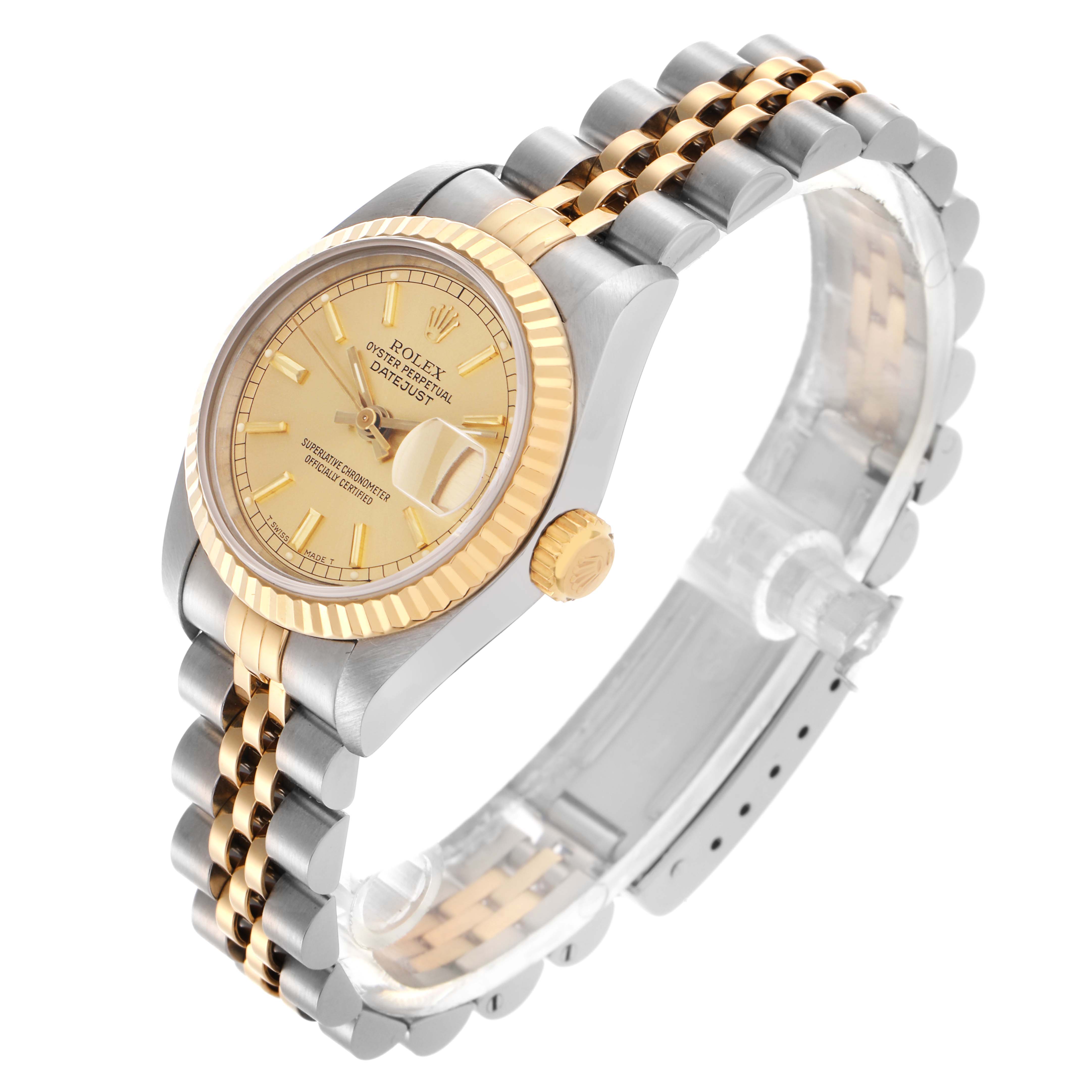The Rolex Datejust 69173 Women
s Steel and Gold (two tone) Champagne Dial 69173 Women
s Steel and Gold (two tone) Champagne Dial watch is shown at a front angle, displaying its two-tone case, bracelet, and dial.