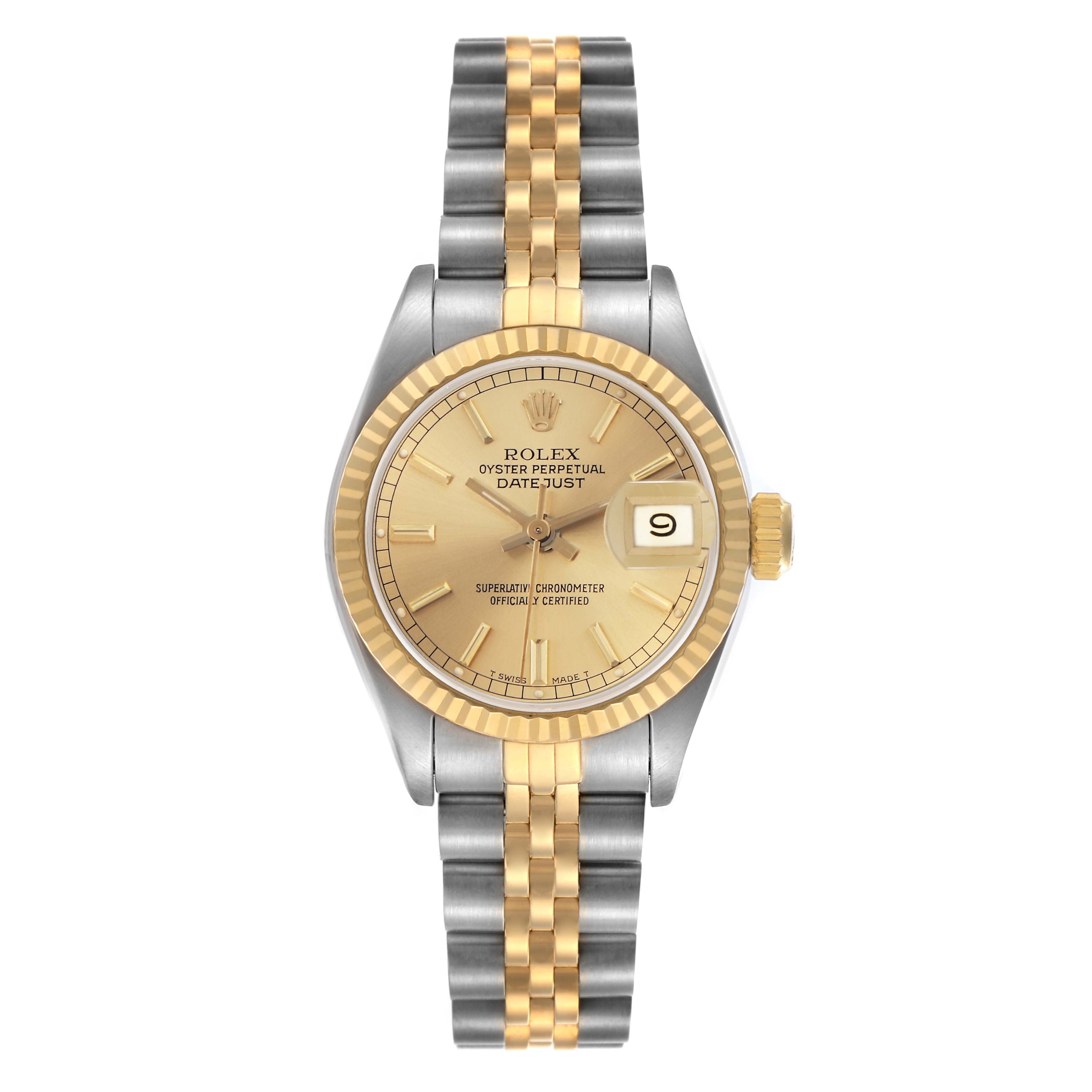The Rolex Datejust 69173 Women
s Steel and Gold (two tone) Champagne Dial 69173 Women
s Steel and Gold (two tone) Champagne Dial watch is shown from a front angle, highlighting the dial, bezel, crown, and two-tone bracelet.