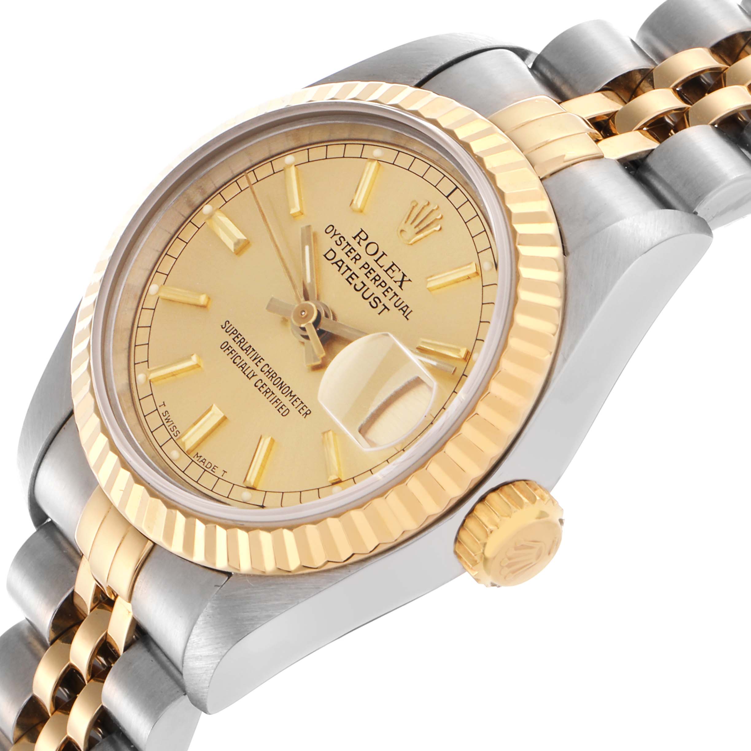 The Rolex Datejust 69173 Women
s Steel and Gold (two tone) Champagne Dial 69173 Women
s Steel and Gold (two tone) Champagne Dial watch is shown from a three-quarter angle highlighting the dial, bezel, crown, and part of the bracelet.