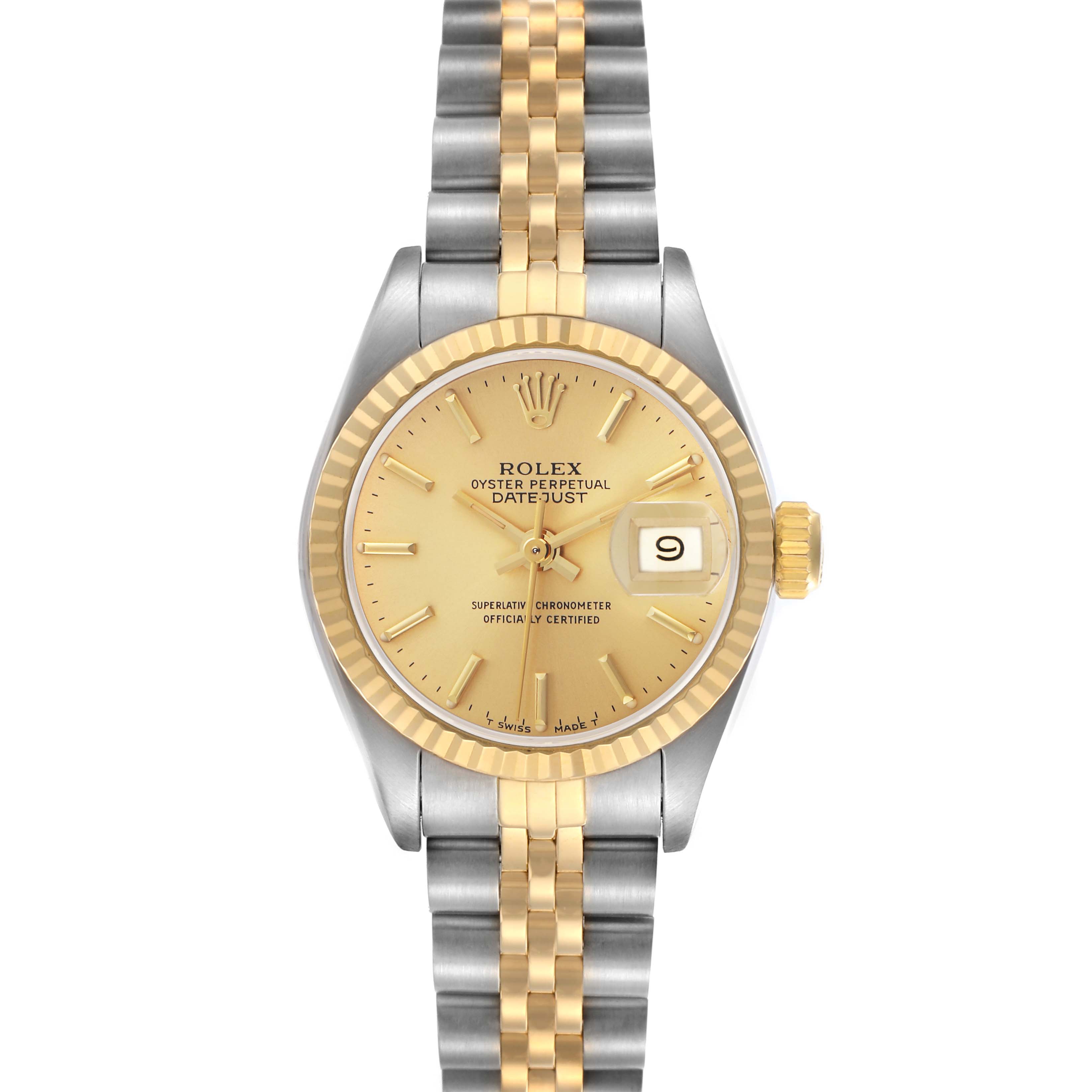 The Rolex Datejust 69173 Women
s Steel and Gold (two tone) Champagne Dial 69173 Women
s Steel and Gold (two tone) Champagne Dial watch is shown from a front angle, displaying its gold dial, date window, fluted bezel, and two-tone bracelet.