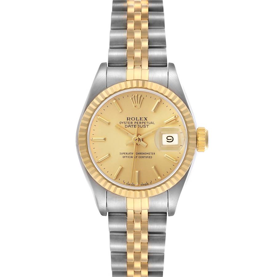 The Rolex Datejust watch is shown from a front angle, displaying its gold dial, date window, fluted bezel, and two-tone bracelet.