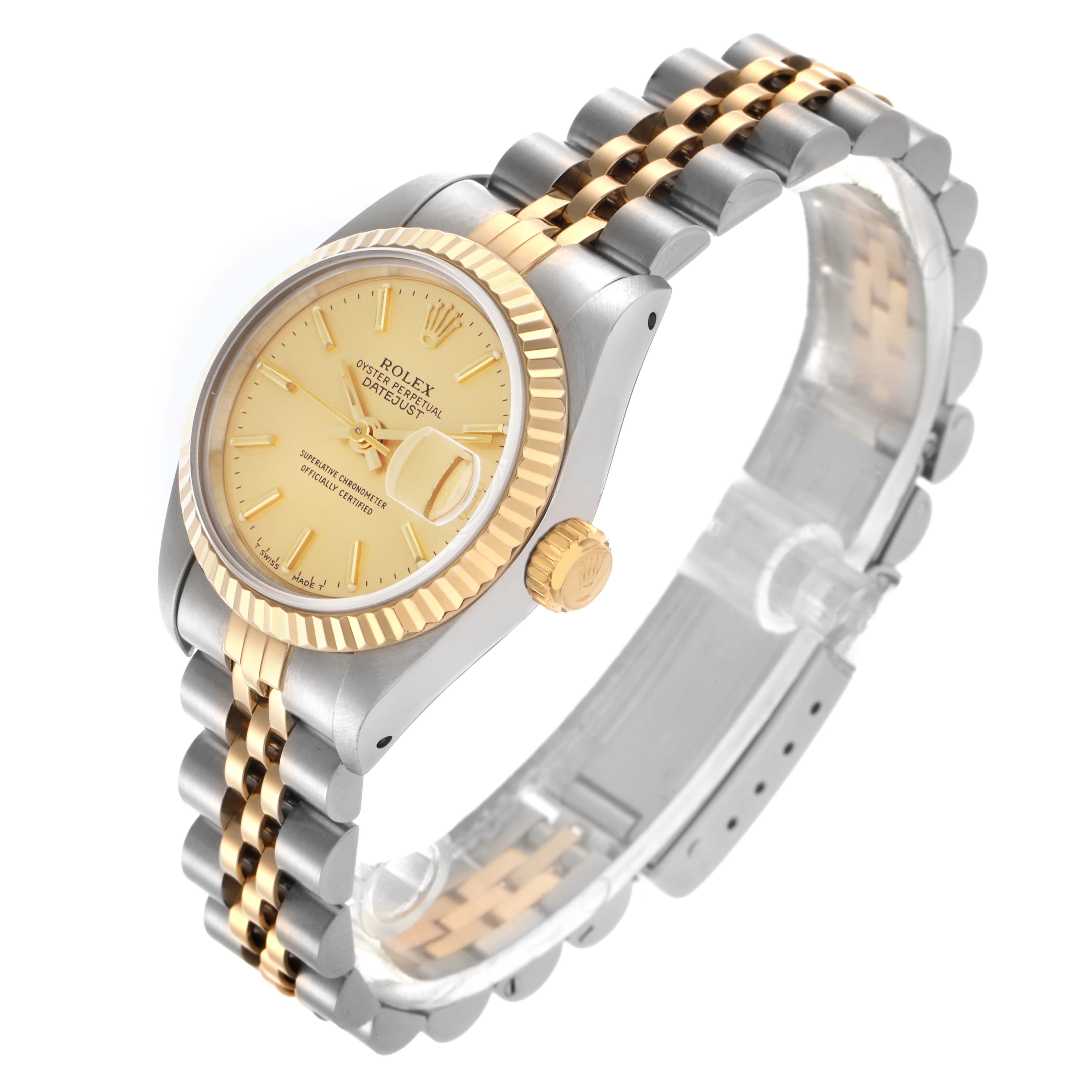 The Rolex Datejust 69173 Women
s Steel and Gold (two tone) Champagne Dial 69173 Women
s Steel and Gold (two tone) Champagne Dial watch is shown at a three-quarter angle displaying the face, fluted bezel, crown, and Jubilee bracelet.