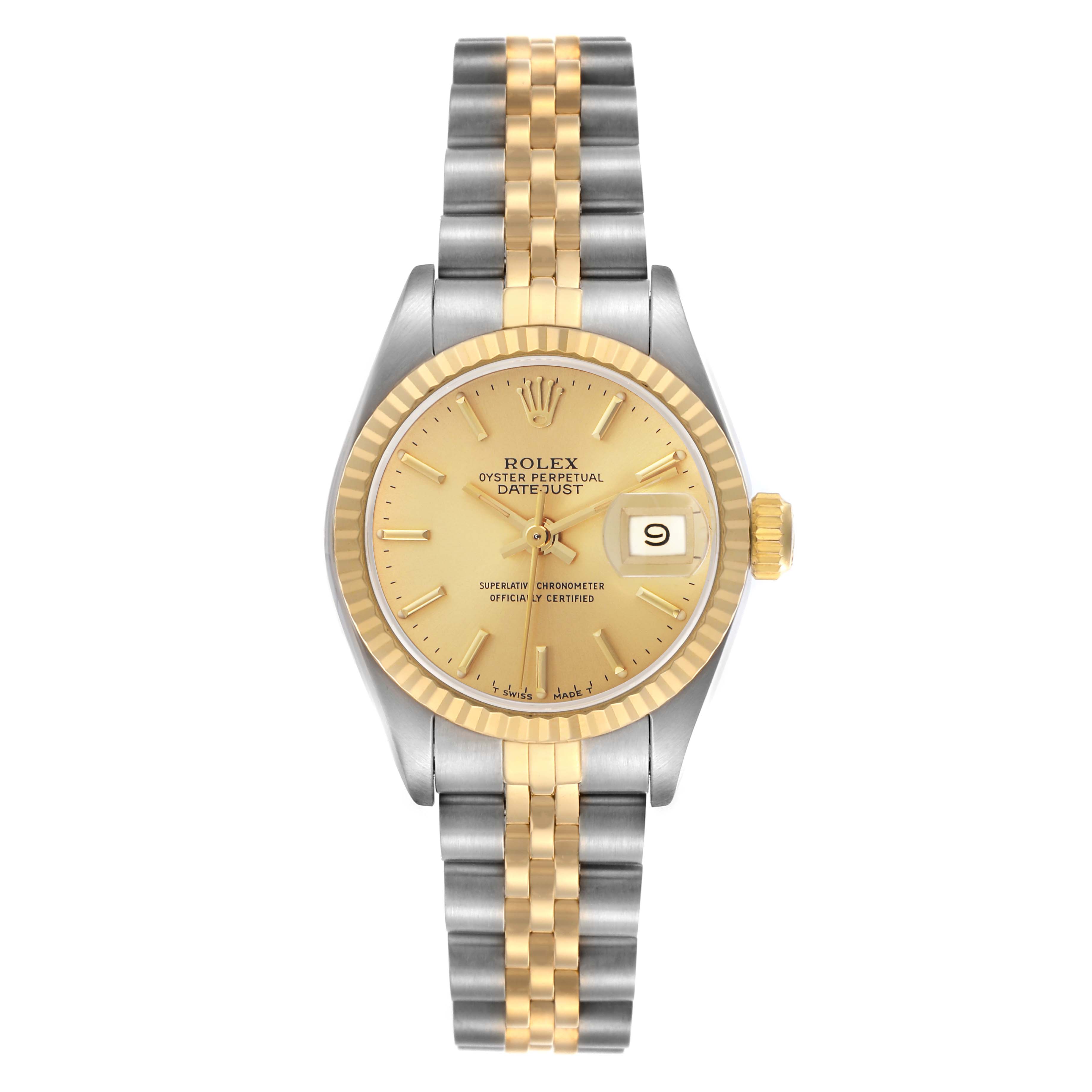 The Rolex Datejust 69173 Women
s Steel and Gold (two tone) Champagne Dial 69173 Women
s Steel and Gold (two tone) Champagne Dial watch is shown from a top-down angle, displaying the gold dial, fluted bezel, and two-tone bracelet.