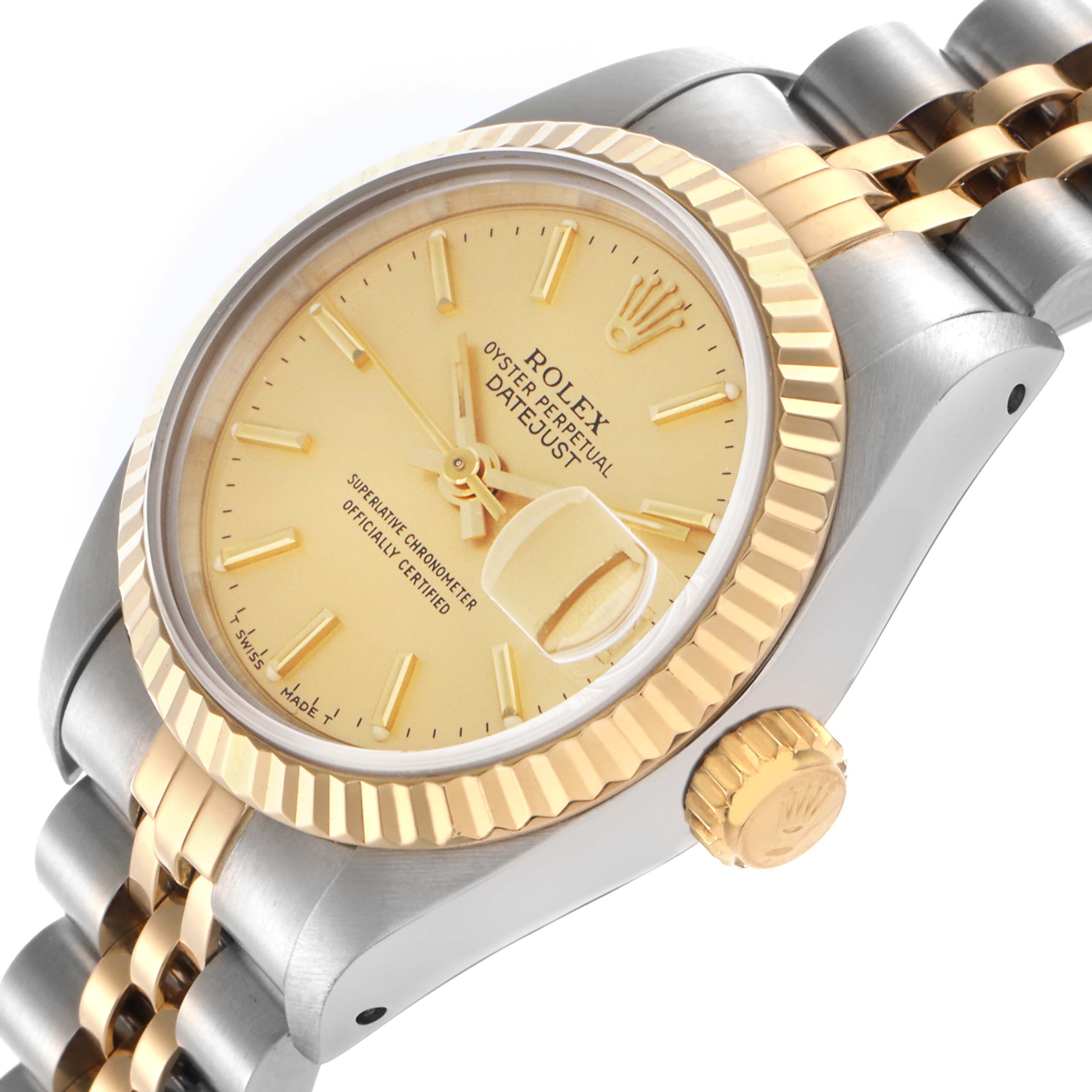 The Rolex Datejust 69173 Women
s Steel and Gold (two tone) Champagne Dial 69173 Women
s Steel and Gold (two tone) Champagne Dial watch is shown at an angled view featuring the dial, fluted bezel, crown, and part of the bracelet.