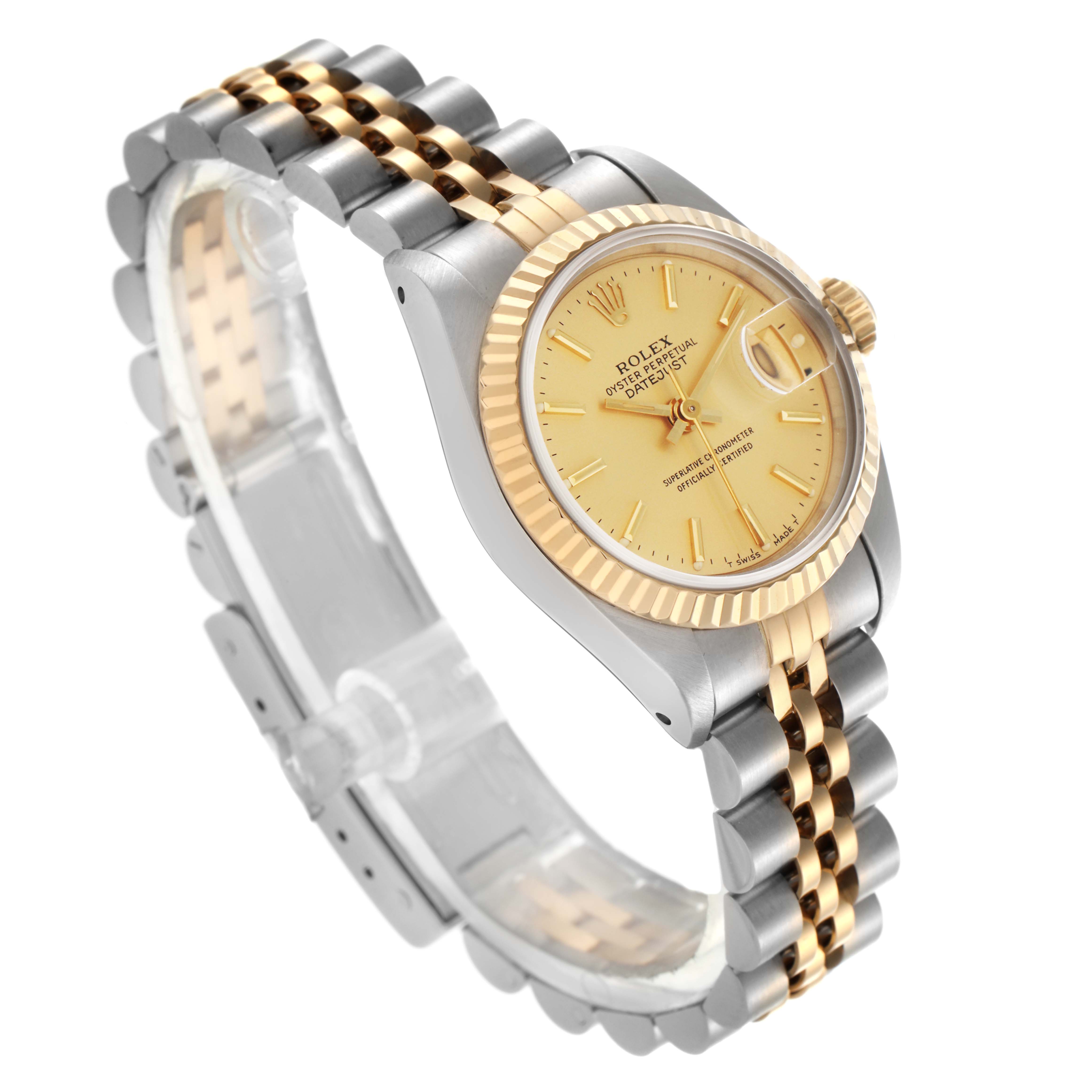 The Rolex Datejust 69173 Women
s Steel and Gold (two tone) Champagne Dial 69173 Women
s Steel and Gold (two tone) Champagne Dial watch is shown at a three-quarter angle, highlighting the dial, bezel, crown, and jubilee bracelet.