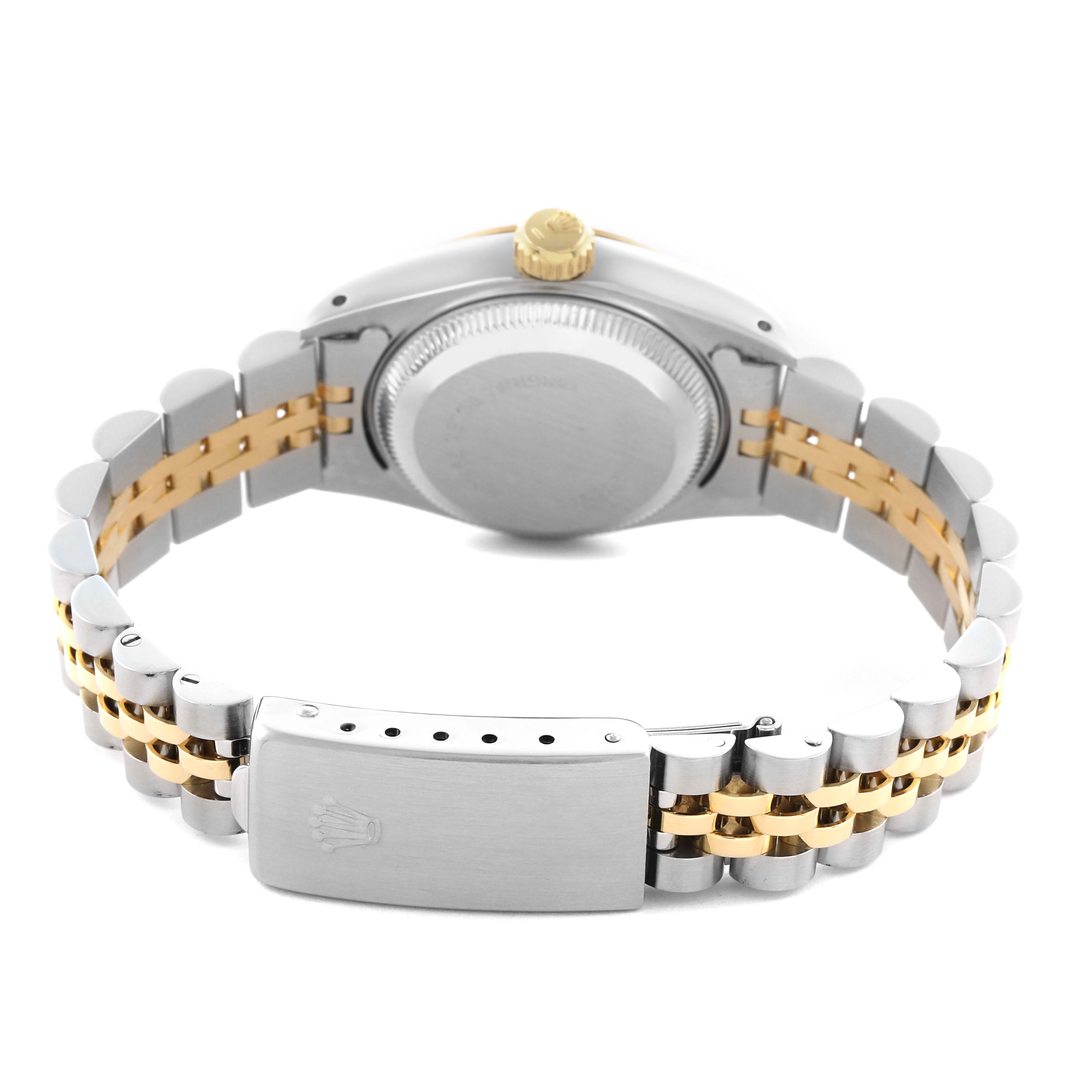 The Rolex Datejust 69173 Women
s Steel and Gold (two tone) Champagne Dial 69173 Women
s Steel and Gold (two tone) Champagne Dial watch is shown from the back, highlighting the case back, crown, and two-tone bracelet with clasp.