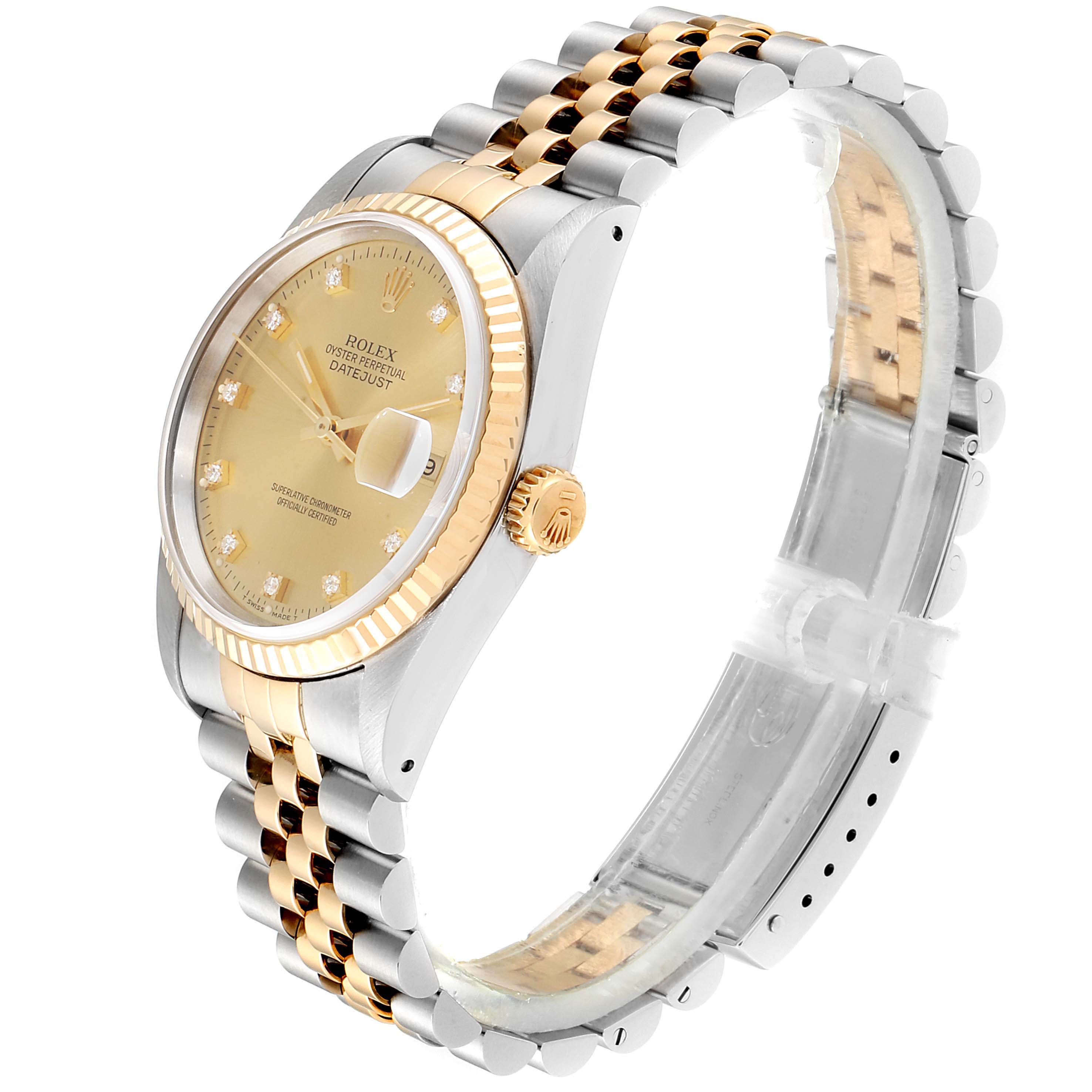 This image shows a Rolex Datejust 16233 Men
s Steel and Gold (two tone) Champagne Dial 16233 Men
s Steel and Gold (two tone) Champagne Dial watch at an angle highlighting the face, bezel, crown, and jubilee bracelet.