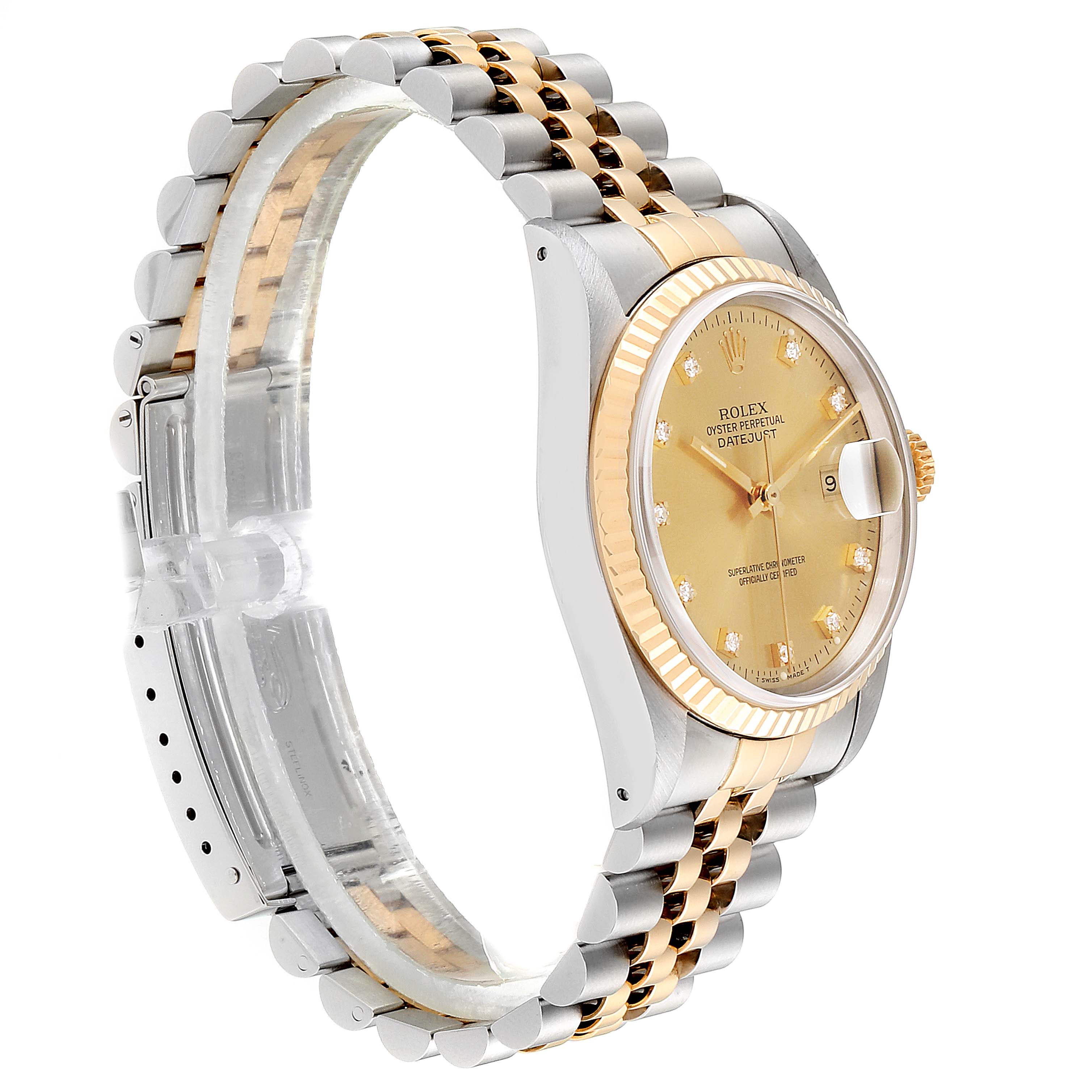 The image shows a side angle of the Rolex Datejust 16233 Men
s Steel and Gold (two tone) Champagne Dial 16233 Men
s Steel and Gold (two tone) Champagne Dial watch, highlighting its gold bezel, champagne dial, and two-tone Jubilee bracelet.
